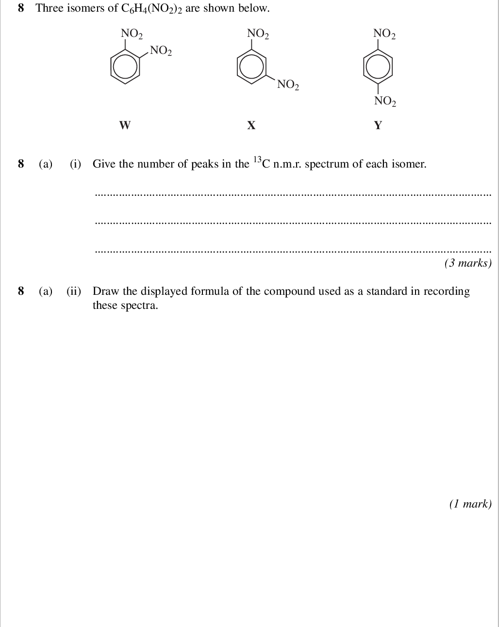 section b answer all questions in the spaces provided areas outside the box will not be scanned for marking three isomers of c h no are shown below no no no no no no a i give the number of peaks in the c n m r spectrum of each isomer marks a ii draw the displayed formula of the compound used as a standard in recording these spectra mark wmp jan chem areas outside the box will not be scanned for marking b isomer x is prepared from nitrobenzene by reaction with a mixture of concentrated nitric acid and concentrated sulfuric acid the two acids react to form an inorganic species that reacts with nitrobenzene to form x b i give the formula of this inorganic species formed from the two acids and write an equation to show its formation marks b ii name and outline a mechanism for the reaction of this inorganic species with nitrobenzene to form x question continues on the next page marks turn over wmp jan chem areas outside the box will not be scanned for marking c isomer y is used in the production of the polymer kevlar y is first reduced to the diamine shown below h n nh c i identify a suitable reagent or mixture of reagents for the reduction of y to form this diamine write an equation for this reaction using h to represent the reducing agent marks c ii this diamine is then reacted with benzene l dicarboxylic acid to form kevlar draw the repeating unit of kevlar marks wmp jan chem c iii kevlar can be used as the inner lining of bicycle tyres the rubber used for the outer part of the tyre is made of polymerised alkenes areas outside the box will not be scanned for marking state the difference in the biodegradability of kevlar compared to that of rubber made of polymerised alkenes use your knowledge of the bonding in these polymer molecules to explain this difference marks extra space turn over for the next question turn over wmp jan chem