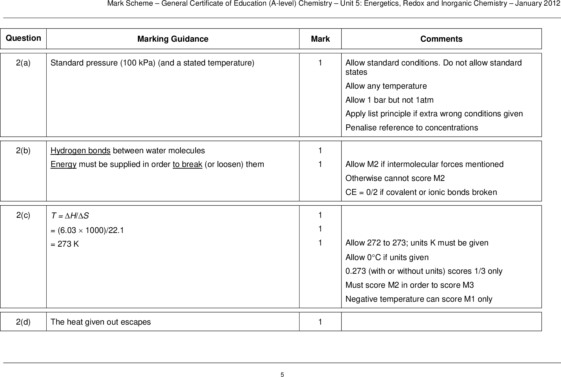 mark scheme general certificate of education a level chemistry unit energetics redox and inorganic chemistry january question marking guidance a standard pressure kpa and a stated temperature b hydrogen bonds between water molecules energy must be supplied in order to break or loosen them c t h s k mark comments allow standard conditions do not allow standard states allow any temperature allow bar but not atm apply list principle if extra wrong conditions given penalise reference to concentrations allow m if intermolecular forces mentioned otherwise cannot score m ce if covalent or ionic bonds broken allow to units k must be given allow c if units given with or without units scores only must score m in order to score m negative temperature can score m only d the heat given out escapes mark scheme general certificate of education a level chemistry unit energetics redox and inorganic chemistry january e red end of white light in visible spectrum absorbed by ice blue light observed light is reflected transmitted left allow complementary colour to blue absorbed penalise emission of blue light