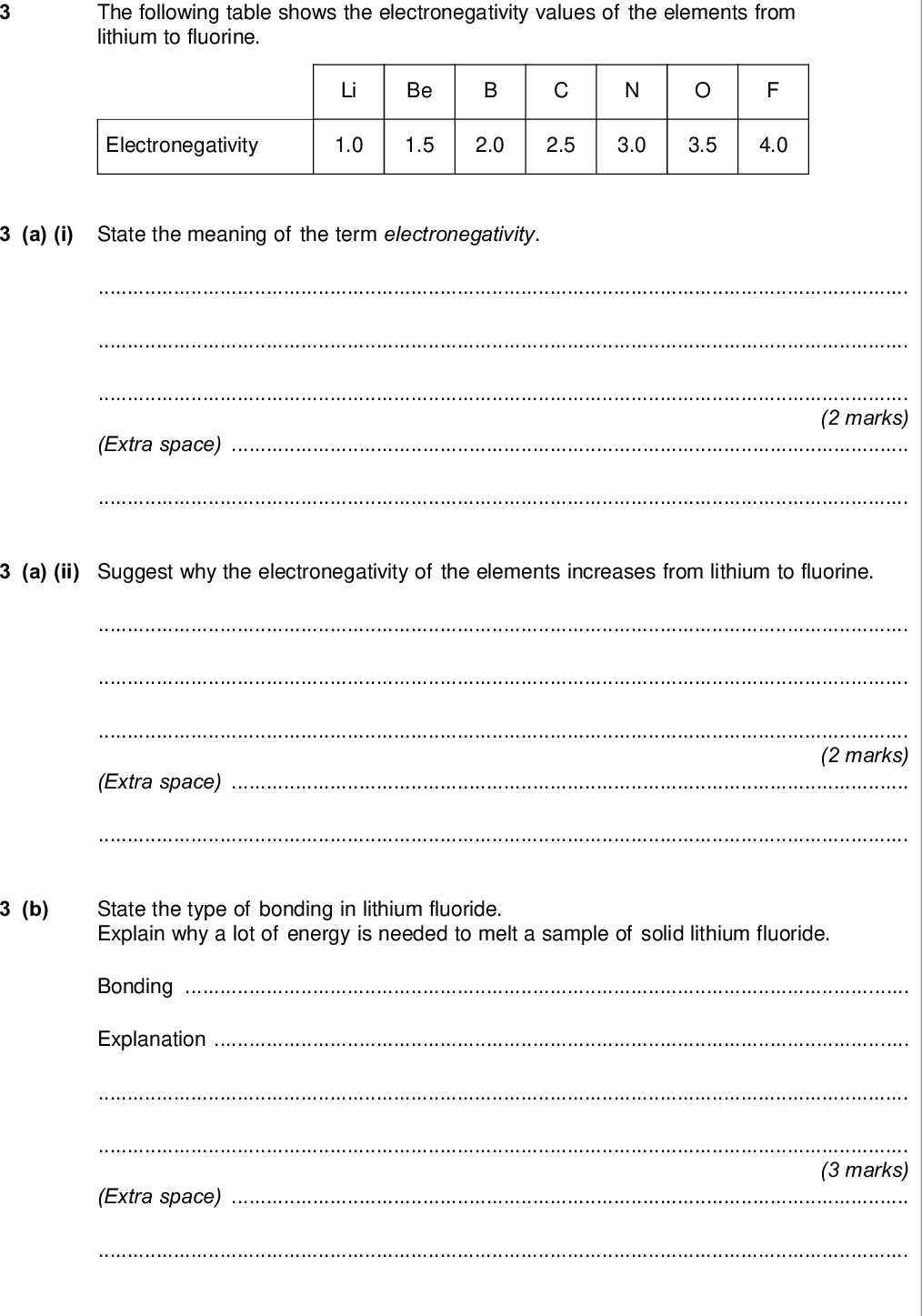 do not write outside the box the following table shows the electronegativity values of the elements from lithium to fluorine electronegativity li be a i state the meaning of the term electronegativity marks extra space a ii suggest why the electronegativity of the elements increases from lithium to fluorine marks extra space b state the type of bonding in lithium fluoride explain why a lot of energy is needed to melt a sample of solid lithium fluoride bonding explanation marks extra space wmp jan chem do not write outside the box c deduce why the bonding in nitrogen oxide is covalent rather than ionic mark extra space d oxygen forms several different compounds with fluorine d i suggest the type of crystal shown by of mark d ii write an equation to show how of reacts with steam to form oxygen and hydrogen fluoride mark d iii one of these compounds of oxygen and fluorine has a relative molecular mass of and contains by mass of fluorine calculate the empirical formula and the molecular formula of this compound show your working empirical formula molecular formula marks turn over wmp jan chem