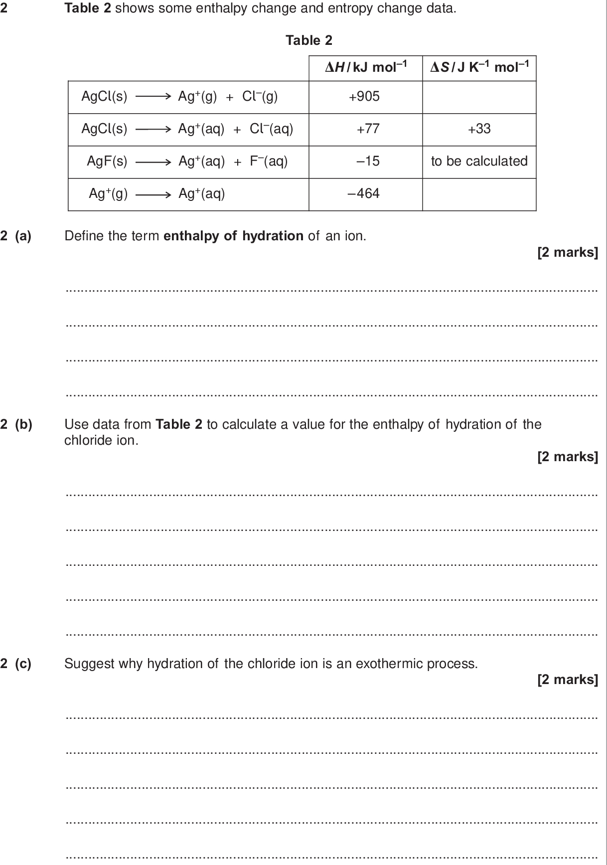 table shows some enthalpy change and entropy change data do not write outside the box table h kj mol s j k mol agcl s agcl s agf s ag g ag g cl g ag aq cl aq ag aq f aq ag aq to be calculated a define the term enthalpy of hydration of an ion marks b use data from table to calculate a value for the enthalpy of hydration of the chloride ion marks c suggest why hydration of the chloride ion is an exothermic process marks wmp jun chem d silver chloride is insoluble in water at room temperature do not write outside the box use data from table to calculate the temperature at which the dissolving of silver chloride in water becomes feasible comment on the significance of this temperature value marks calculation of temperature significance of temperature value e when silver fluoride dissolves in water at c the free energy change is kj mol use this information and data from table to calculate a value with units for the entropy change when silver fluoride dissolves in water at c marks turn over wmp jun chem