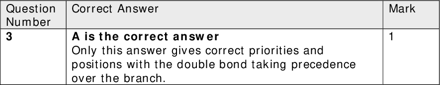 Section A (multiple choice) Question Number 1 Correct Answer A is incorrect because elements may be diatomic B is the correct answer C is incorrect because compounds contain two or more elements D is incorrect because ionic compounds contain two or more elements Question Number 2 Question Number 3 Question Number 4 Question Number 5 Correct Answer B is the correct answer Though A, C, and D are products of the reaction they do not indicate the mechanism Correct Answer A is the correct answer Only this answer gives correct priorities and positions with the double bond taking precedence over the branch. Correct Answer B is the correct answer There are three different points of attachment for chlorine, one of which has geometric, cis-trans isomers. Correct Answer C is the correct answer 100 cm3 of carbon dioxide form and 200 cm3 of oxygen are left. Water is not a gas at room temperature and pressure. Question Number 6 Correct Answer B is the correct answer 10 x 200 x 10-6 x 24 x 1000 = 48 cm3 Question Number 7 Correct Answer A is untrue B is untrue C is true but is not the best evidence for ionsit merely shows particles are arranged regularly D is the correct answer Mark Mark Mark Mark Mark Mark Mark<br />
