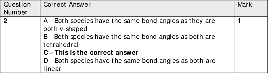 Section A Question Number 1 Question Number 2 Question Number 3 Question Number 4(a) Question Number 4(b) Correct Answer AThis is a displacement reaction and not a disproportionation reaction BThis is a redox reaction but not a disproportionation reaction C This is a redox reaction but not a disproportionation reaction DThis is the correct answer Correct Answer ABoth species have the same bond angles as they are both v-shaped BBoth species have the same bond angles as both are tetrahedral CThis is the correct answer DBoth species have the same bond angles as both are linear Correct Answer A - Infrared radiation does not break bonds BThis is the correct answer C - Ultraviolet radiation does break bonds but this is not responsible for global warming D - Ultraviolet radiation does not cause bond vibration but this is also not responsible for global warming Correct Answer A - This is a termination reaction BThis is the correct answer C - This is a propagation reaction D - This is a propagation reaction Correct Answer AThis is the correct answer B - Chlorine is catalysing and not inhibiting C - The best description is catalyst rather than initiator because the chlorine is regenerated and is a product of the initiation reaction. D - Chlorine is not in any termination reaction Mark Mark Mark Mark Mark<br />
