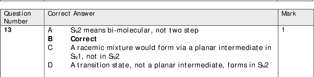 Mark Mark Mark Mark Mark Correct Answer A B Correct Weak acid/ strong base needs an indicator with a higher pH range Weak acid/ weak base would not show a sharp change at pH 3.8 to 5.4 Not an acid/ base titration Correct Answer A B C D Nitric acid is a proton acceptor here The HSO4 These are both proton acceptors Correct - ion is a proton acceptor here Correct Answer A B C SN2 means bi-molecular, not two step Correct A racemic mixture would form via a planar intermediate in SN1, not in SN2 A transition state, not a planar intermediate, forms in SN2 Correct Answer A B C D Ammonium ethanoate would form Correct The product is a cyanohydrin not ethanamide Ethanamide would not form Correct Answer A The acid needed is propanoic acid and the alcohol is 3- methylbutan-2-ol The alcohol needed is 3-methylbutan-2-ol The acid needed is propanoic acid Correct Question Number 11 Question Number 12 Question Number 13 Question Number 14 Question Number 15 B C D<br />

