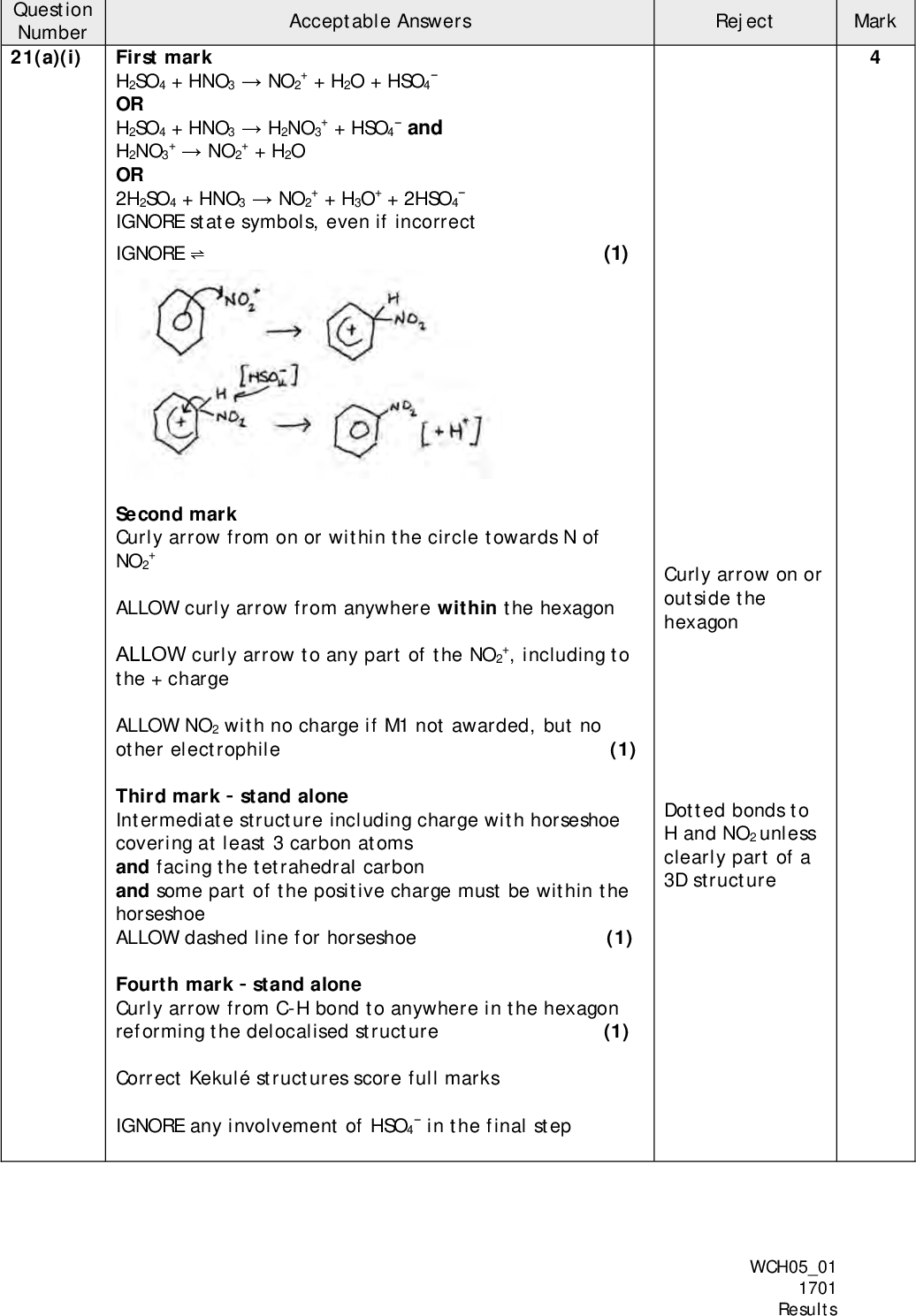 Acceptable Answers Reject Mark Section B+ + H2O + HSO4 First mark H2SO4 + HNO3NO2 OR H2SO4 + HNO3H2NO3 + + H2O H2NO3 OR 2H2SO4 + HNO3NO2IGNORE state symbols, even if incorrect IGNORE(1) + + H3O+ + 2HSO4 +NO2 + + HSO4and Question Number 21(a)(i) Curly arrow on or outside the hexagon Dotted bonds to H and NO2 unless clearly part of a 3D structure WCH0501 1701 Results +, including to Second mark Curly arrow from on or within the circle towards N of NO2 ALLOW curly arrow from anywhere within the hexagon ALLOW curly arrow to any part of the NO2 the + charge ALLOW NO2 with no charge if M1 not awarded, but no other electrophile (1) Third markstand alone Intermediate structure including charge with horseshoe covering at least 3 carbon atoms and facing the tetrahedral carbon and some part of the positive charge must be within the horseshoe ALLOW dashed line for horseshoe (1) Fourth markstand alone Curly arrow from C-H bond to anywhere in the hexagon reforming the delocalised structure (1) Correct Kekul structures score full marks IGNORE any involvement of HSO4in the final step<br />
 Question Number 21(a)(ii) Tin/Sn Acceptable Answers Reject Mark and (concentrated) hydrochloric acid /(concentrated) HCl((aq)) ALLOW Iron/Fe and (concentrated) hydrochloric acid /(concentrated) HCl((aq)) ALLOW then sodium hydroxide /NaOH /alkali IGNORE mention of catalyst Question Number 21(a)(iii) Benzenediazonium chloride / product / nitrous acid / Acceptable Answers HNO2 decomposes ALLOW unstable for decomposes OR Phenol would form ALLOW benzenediazonium chloride undergoes hydrolysis IGNORE just forms another product / further substitution / compound is volatile Dilute / Sulfuric acid / Zinc LiAlH4 Reject Mark Nitrobenzene / phenylamine decomposes WCH0501 1701 Results<br />
 Question Number 21(a)(iv) Acceptable Answers Reject Mark Bond between N and Cl OR Must show + charge, this can be on either nitrogen, between the nitrogens or outside of brackets around the cation and bonds around N and separate Cl ion IGNORE bond angles Correct Kekul structure scores the mark Acceptable Answers Reject Mark OR OHC ONaC ALLOW NaO, provided there is no bond between Na and O IGNORE connectivity of OH if the bond is vertical Correct Kekul structure scores the mark WCH0501 1701 Results Question Number 21(a)(v)<br />
 Question Number 21(b) Acceptable Answers Reject Mark Stand alone marks If name and formula are given, both must be correct CH3Cl / chloromethane OR CH3Br / bromomethane OR CH3I / iodomethane (1) (Dry) aluminium chloride / AlCl3 / iron(III) chloride / FeCl3 OR (Dry) aluminium bromide / AlBr3 / iron(III) bromide / FeBr3 OR (Dry) aluminium iodide / AlI3 / iron(III) iodide / FeI3 (1) IGNORE heat / reflux /other conditions Addition of acid / alkali / water WCH0501 1701 Results<br />
 Acceptable Answers Reject Mark Question Number *21(c) IGNORE unbalanced equations / additional incorrect species in equations throughout the answer Oxidation Potassium dichromate((VI)) / K2Cr2O7 / Cr2O7 and (dilute) sulfuric acid / H+ / acidified(aq) (heat /reflux) ALLOW other oxidizing agents eg KMnO4/H+(aq) / Fehlings / Benedicts / Tollens IGNORE concentration of acid (1) Intermediatestand alone 2 HCl(aq) PCl5(aq) ALLOW CO2H and displayed/ skeletal formula (1) Reductionof benzaldehyde or benzoic acid Lithium tetrahydridoaluminate((III)) / lithium aluminium hydride /LiAlH4 and (dry) ether / ethoxyethane / (C2H5)2O ALLOW sodium tetrahydridoborate(III) / sodium borohydride / NaBH4 and water / aq (1) Intermediatestand alone ALLOW displayed/ skeletal formula IGNORE name, even if incorrect (1) Esterification EITHER React benzoic acid and phenylmethanol and (concentrated) strong acid / hydrochloric acid / HCl / sulfuric acid / H2SO4 (and heat / reflux) OR react benzoic acid with PCl5 / phosphorus(V) chloride and react benzoyl chloride and phenylmethanol together (at room temperature) (1) IGNORE heat (Total for Question 21 = 15 marks) WCH0501 1701 Results<br />
