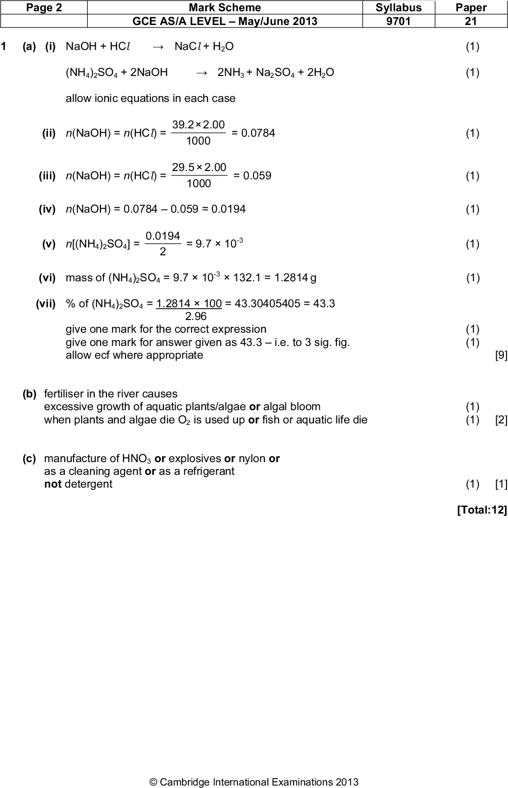 Page 2 Mark Scheme GCE AS/A LEVELMay/June 2013 Syllabus 9701 Paper 21 (1) [1] (1) [1] (1) [1] (1) [1] (1) [1] (1) [1] (1) (1) [1] (1) [1] [9] (1) [1] (1) [2] (1) [1] [Total:12] (a) (i) NaOH + HClNaCl + H2O (NH4)2SO4 + 2NaOH2NH3 + Na2SO4 + 2H2O allow ionic equations in each case (ii) n(NaOH) = n(HCl) = 00.22.39 1000 = 0.0784 (iii) n(NaOH) = n(HCl) = 00.25.29 1000 = 0.059 (iv) n(NaOH) = 0.07840.059 = 0.0194 (v) n[(NH4)2SO4] = .0 0194 = 9.710-3 (vi) mass of (NH4)2SO4 = 9.710-3132.1 = 1.2814 g (vii) % of (NH4)2SO4 = 1.2814100 = 43.30405405 = 43.3 2.96 give one mark for the correct expression give one mark for answer given as 43.3i.e. to 3 sig. fig. allow ecf where appropriate (b) fertiliser in the river causes excessive growth of aquatic plants/algae or algal bloom when plants and algae die O2 is used up or fish or aquatic life die (c) manufacture of HNO3 or explosives or nylon or as a cleaning agent or as a refrigerant not detergentCambridge International Examinations 2013<br />
