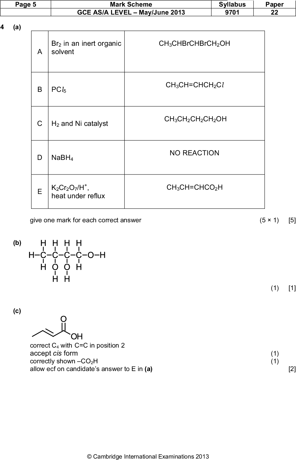 Page 5 (a) Mark Scheme GCE AS/A LEVELMay/June 2013 Syllabus 9701 Paper 22 Br2 in an inert organic solvent B PCl5 C H2 and Ni catalyst D NaBH4 K2Cr2O7/H+, heat under reflux CH3CHBrCHBrCH2OH CH3CH=CHCH2Cl CH3CH2CH2CH2OH NO REACTION CH3CH=CHCO2H give one mark for each correct answer (51) [5] (b) (c) correct C4 with C=C in position 2 accept cis form correctly shown CO2H allow ecf on candidates answer to E in (a) (1) [1] (1) (1) [2]Cambridge International Examinations 2013<br />
 Page 6 Mark Scheme GCE AS/A LEVELMay/June 2013 Syllabus 9701 Paper 22 (d) (i) reagent 2,4-dinitrophenylhydrazine Tollens' reagent Fehlings reagent correct reagent observation (ii) reduction or nucleophilic addiction (e) C : H : O = 773. 12 312. 014. 16 observation red/orange ppt. silver mirror or grey ppt. or black ppt. brick red ppt. = 6.14 : 12.3 : 0.875 = 7.01 : 14.1 : 1 gives C7H14O formula must be given (1) (1) (1) [3] (1) (1) [2] [Total: 13]Cambridge International Examinations 2013<br />
