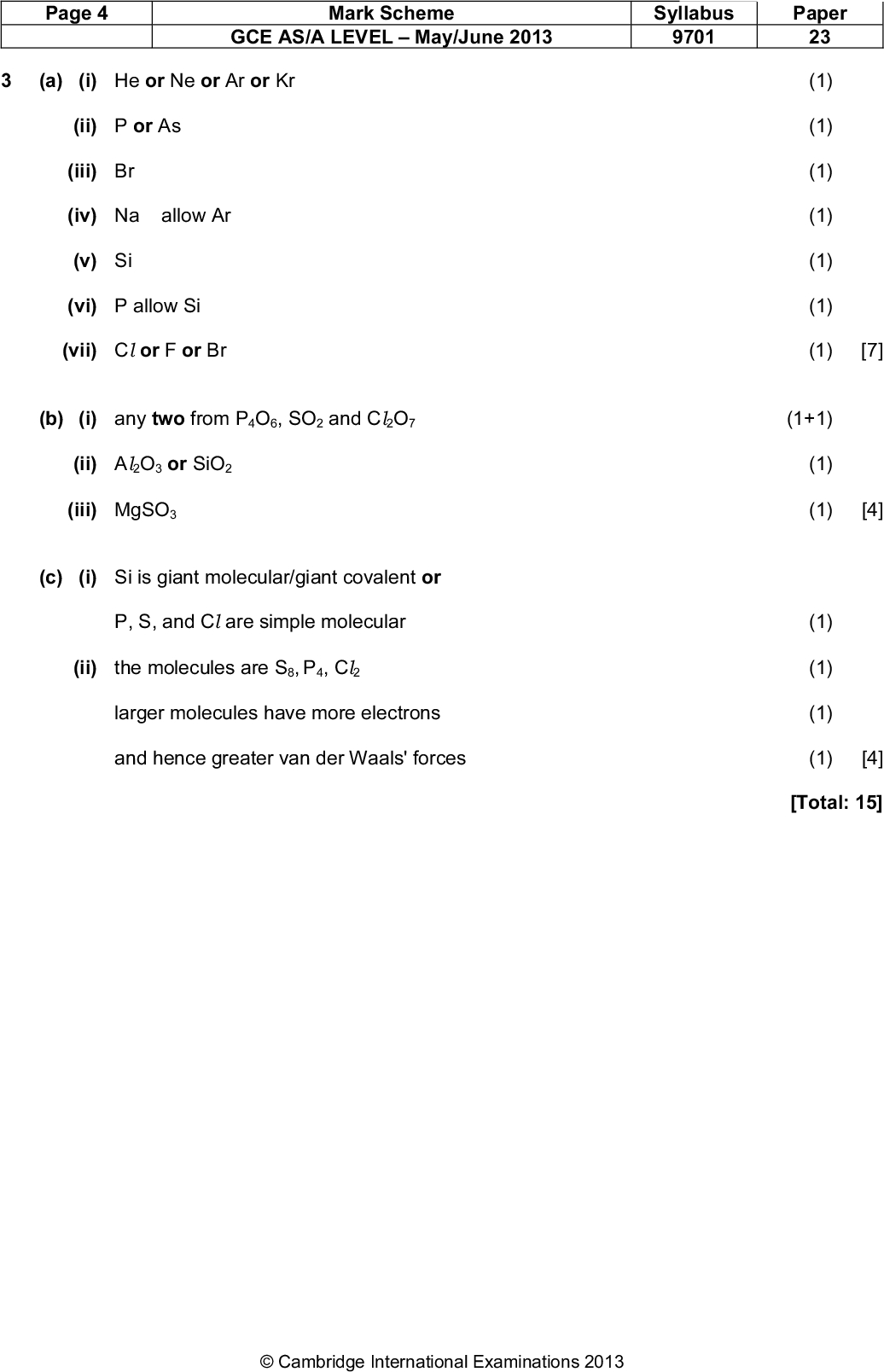 Page 4 Mark Scheme Syllabus Paper GCE AS/A LEVELMay/June 2013 9701 (a) (i) He or Ne or Ar or Kr (ii) P or As (iii) Br (iv) Na allow Ar (v) Si (vi) P allow Si (vii) Cl or F or Br (ii) Al2O3 or SiO2 (iii) MgSO3 (b) (i) any two from P4O6, SO2 and Cl2O7 23 (1) (1) (1) (1) (1) (1) (1) [7] (1+1) (1) (1) [4] (1) (1) (1) (1) [4] [Total: 15] (c) (i) Si is giant molecular/giant covalent or P, S, and Cl are simple molecular (ii) the molecules are S8, P4, Cl2 larger molecules have more electrons and hence greater van der Waals' forcesCambridge International Examinations 2013<br />
