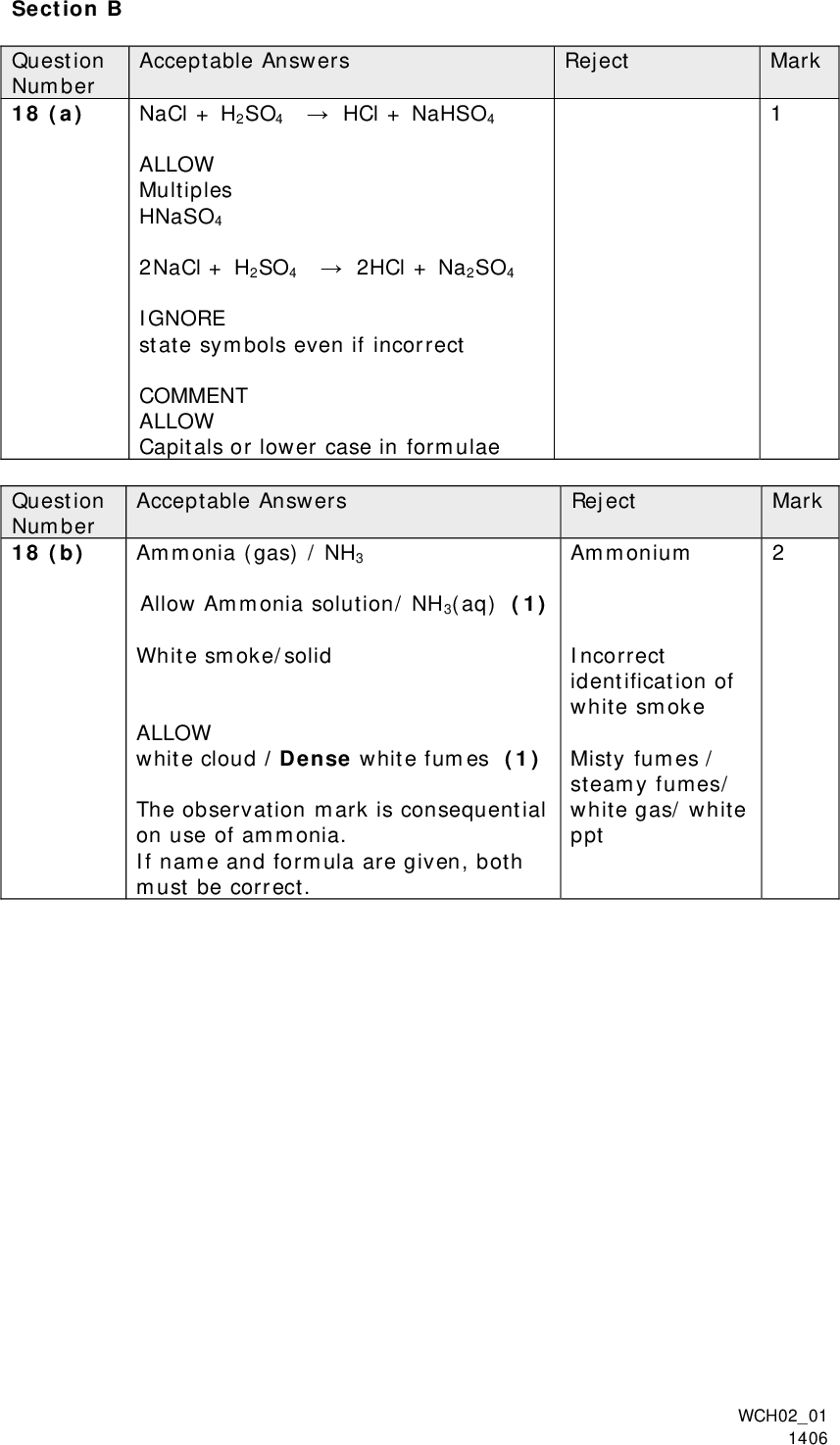 Section B Question Number 18 (a) Question Number 18 (b) Reject Mark Acceptable Answers NaCl + H2SO4HCl + NaHSO4 ALLOW Multiples HNaSO4 2NaCl + H2SO42HCl + Na2SO4 IGNORE state symbols even if incorrect COMMENT ALLOW Capitals or lower case in formulae Mark Acceptable Answers Reject Ammonia (gas) / NH3 Allow Ammonia solution/ NH3(aq) (1) White smoke/solid ALLOW white cloud /Dense white fumes (1) The observation mark is consequential on use of ammonia. If name and formula are given, both must be correct. Ammonium Incorrect identification of white smoke Misty fumes / steamy fumes/ white gas/ white ppt WCH0201 1406<br />
 Question Number 18 (c) Acceptable Answers Reject White ppt/solid ALLOW white crystals (1) IGNORE identification of white solid, even if wrong (ppt/solid) dissolves (in excess) /(colourless) solution forms ALLOW (ppt/solid) disappears/ soluble (1) IGNORE clear solution (c.NH3) dissolves AgBr (as well as AgCl) (1) Just white Cream ppt other colours of solution Dissolves bromide ions/ bromine Just Only AgCl dissolves in dilute NH3 c.NH3 dissolves other things TOTAL FOR Q18 = 6 MARKS Mark WCH0201 1406<br />
