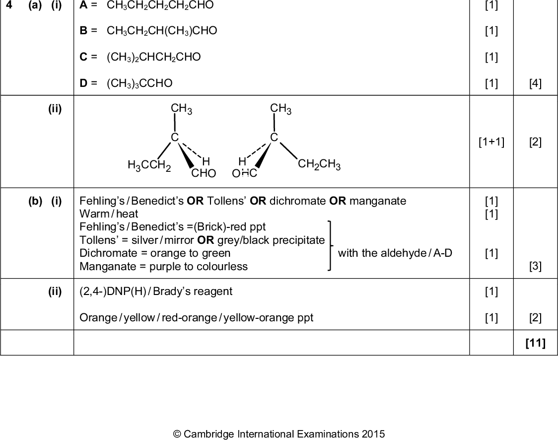 Page 4 Question (iii) Cambridge International AS/A LevelMay/June 2015 9701 22 Mark Scheme Syllabus Paper Mark Scheme Mark Total [1] [1] [1] [1] [1] [1] [1] [1] [1] [5] [1] [2] [1] [13] [1] [1] [1] [1] [4] [1+1] [2] [1] [1] [1] [1] [1] [3] [2] [11] Initiation Cl2  2Cl(cid:127) Propagation C2H6 + Cl(cid:127)  (cid:127)C2H5 + HCl (cid:127)C2H5 + Cl2  C2H5Cl + Cl(cid:127) Termination (cid:127)C2H5 + (cid:127)C2H5  C4H10 All three names correctly assigned (b) (i) ethene (ii) KOH / NaOH ethanolic AND heat / reflux (iii) H2 AND Pt or Ni (catalyst) (a) (i) A = CH3CH2CH2CH2CHO B = CH3CH2CH(CH3)CHO C = (CH3)2CHCH2CHO D = (CH3)3CCHO (ii) CH3 CH3 CH3 CH2 H CH H H CH2 CH3 (b) (i) Fehlings / Benedicts OR Tollens OR dichromate OR manganate Warm / heat Fehlings / Benedicts =(Brick)-red ppt Tollens = silver / mirror OR grey/black precipitate Dichromate = orange to green with the aldehyde / A-D Manganate = purple to colourless (ii) (2,4-)DNP(H) / Bradys reagent Orange / yellow / red-orange / yellow-orange pptCambridge International Examinations 2015<br />
