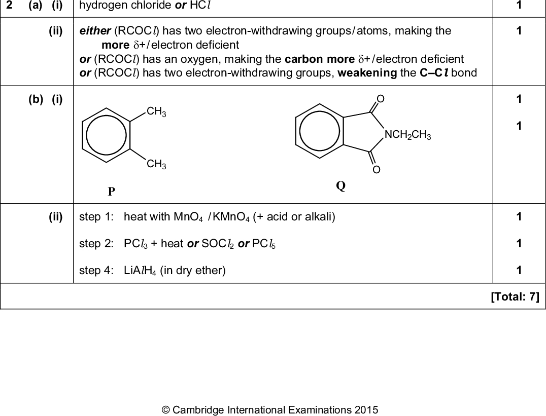 Page 2 Question (a) Cambridge International A LevelMay/June 2015 Mark Scheme Syllabus Paper 9701 43 Marking point Marks 4 2 2 2p ) 2s oxygen: (1s 5 2 2 fluorine: (1s ) 2s 2p (b) (i) F2O / OF2 (ii) (iii) bent or non-linear o values: F2 (c) (i) E o fluorine (has the more positive E so) is more oxidising F = 2.87 V and Cl2 = 1.36 V Cl (ii) redox (iii) Cl F + 2KBrKCl + KF + Br2 (a) (i) hydrogen chloride or HCl (ii) either (RCOCl) has two electron-withdrawing groups / atoms, making the more + / electron deficient or (RCOCl) has an oxygen, making the carbon more + / electron deficient or (RCOCl) has two electron-withdrawing groups, weakening the CCl bond (b) (i) CH3 CH3 NCH2CH3 (ii) step 1: heat with MnO4 / KMnO4 (+ acid or alkali) step 2: PCl3 + heat or SOCl2 or PCl5 step 4: LiAlH4 (in dry ether)Cambridge International Examinations 2015 1 1 [Total: 8] 1 1 1 1 [Total: 7]<br />
