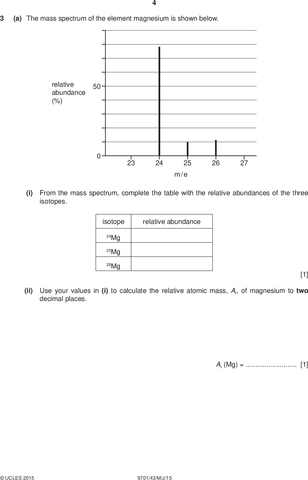 (a) The mass spectrum of the element magnesium is shown below. relative abundance (%) 50 23 24 25 m / e 26 27 (i) From the mass spectrum, complete the table with the relative abundances of the three isotopes. isotope relative abundance 24Mg 25Mg 26Mg [1] (ii) Use your values in (i) to calculate the relative atomic mass, Ar, of magnesium to two decimal places. Ar (Mg) =[1]UCLES 2015 9701/43/M/J/15<br />
 (b) (i) Describe and explain the trend in the thermal stabilities of the nitrates of the Group II elements down the group.[3] When lithium nitrate, LiNO3, is heated, it readily decomposes giving off a brown gas. This reaction is similar to that which occurs when magnesium nitrate is heated, but it does not occur with other Group I nitrates. (ii) Suggest an equation for the action of heat on LiNO3.[1] (iii) Suggest why the Group I nitrates other than LiNO3 do not decompose in this way when heated.[1] [Total: 7]UCLES 2015 9701/43/M/J/15 [Turn over<br />
