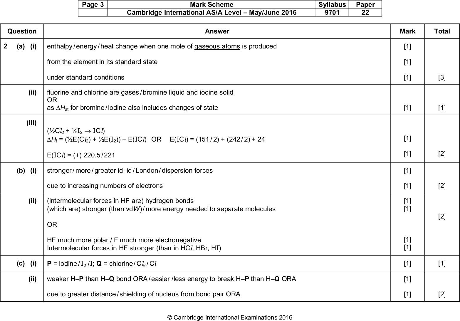 Page 3 Mark Scheme Syllabus Paper Cambridge International AS/A LevelMay/June 2016 9701 22 Question Answer Mark Total PMT (a) (i) enthalpy / energy / heat change when one mole of gaseous atoms is produced from the element in its standard state under standard conditions (ii) fluorine and chlorine are gases / bromine liquid and iodine solid OR as H at for bromine / iodine also includes changes of state (iii) (Cl 2 + I 2ICl) H f = (E(Cl 2) + E(I 2))E(ICl) OR E(ICl) = (151 / 2) + (242 / 2) + 24 E(ICl) = (+) 220.5 / 221 (b) (i) stronger / more / greater idid / London / dispersion forces due to increasing numbers of electrons (ii) (intermolecular forces in HF are) hydrogen bonds (which are) stronger (than vdW) / more energy needed to separate molecules OR HF much more polar / F much more electronegative Intermolecular forces in HF stronger (than in HCl, HBr, HI) (c) (i) P = iodine / I 2 /I; Q = chlorine / Cl / Cl (ii) weaker HP than HQ bond ORA / easier /less energy to break HP than HQ ORA due to greater distance / shielding of nucleus from bond pair ORACambridge International Examinations 2016 [1] [1] [1] [3] [1] [1] [2] [2] [2] [1] [1] [1] [1] [1] [1] [1] [1] [1] [1] [1] [1] [2]<br />
 Page 4 Mark Scheme Syllabus Paper Cambridge International AS/A LevelMay/June 2016 9701 22 Question Answer Mark Total PMT (iii) 2HP (or 2HI)(or ) H2 + P2 (or I 2) [1] [1] (iv) Ag (aq) + Q (aq) (or Cl ) AgQ(s) (or AgCl(s)) AgQ(s) / AgCl(s) + 2NH3(aq)Ag(NH3)2 (aq) + Q (aq) / Cl (aq) (d) (i) no of Cl increases by one each time / matches group number due to increasing number of valence/outer(most/shell) electrons / oxidation number / valency (of Mg, Al , Si) (ii) MgCl 2 (+aq)Mg + 2Cl 2+ AlCl 3 + 6H2OAl(H2O)6 + 3Cl 3+ / Al(H2O)5(OH) 2+ + H + 3Cl SiCl 4 + 2H2OSiO2 + 4H + 4Cl (a) Cr2O7 + 8H + 3H2C2O42Cr + 6CO2 + 7H2O 2 3+ M1 = species M2 = balancing (b) (i) (0.0232.0/1000 =) 6.4010 4 (ii) (6.4103 = )1.9210 4 3 (iii) (iv) (0.242 / 1.9210 3 =) 126(.0) (12690 = 36; 36 / 18 = 2 hence) x = 2Cambridge International Examinations 2016 [1] [1] [1] [1] [1] [1] [1] [2] [2] [3] [Total 21] [1] [1] [2] [1] [1] [1] [1] [1] [1] [1] [1] [Total 6]<br />
