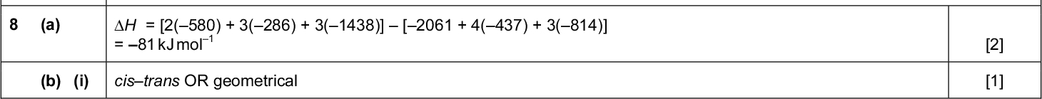 Page 6 Mark Scheme Syllabus Paper Cambridge International AS/A LevelMay/June 2016 9701 43 PMT Answer Marks [2] [1] [1] [4] [1] [1] [1] [1] [1] [Total: 13] [2] [1] Question (a) (i) CH CH CH NH CH CH OH CO (ii) M r = 233 (b) (i) NH2CH(CH2OH)CO2 (ii) F is a DC power supply G is the anode OR positive electrode I is the cathode OR negative electrode H is filter paper (OR gel) soaked in buffer solution (iii) P is NH2CH2CO2 S is [alasergly] or NH2CH2CO2 H or glycine () glycine is the smallest, so travels fastest; tripeptide is the largest, so travels slowest (c) (i) heat with H3O OR heat with OH (aq) (ii) hydrolysis (a) H = [2(580) + 3(286) + 3(1438)][2061 + 4(437) + 3(814)] = 81 kJ mol 1 (b) (i) cistrans OR geometricalCambridge International Examinations 2016<br />
 Page 7 Mark Scheme Syllabus Paper Cambridge International AS/A LevelMay/June 2016 9701 43 Question Answer Marks PMT (ii) in a complex the dorbitals are split into 2 energy levels colour is due to absorption of light (in visible region) electron promotion to higher orbital absorbs a photon the dd energy gap is different for the two complexes, hence different colours (a) T is U is CN (b) step 1: C6H5COCl + AlCl 3 (+ heat) step 2: CH3CH2Cl + AlCl 3 (+ heat) step 3: Br2 + light (or heat) step 4: KCN + heat (in ethanol) step 5: H3O OR H in H2O OR HCl (aq) etc AND heat / boil / reflux (c) step 1: electrophilic substitution OR nucleophilic substitution step 5: hydrolysis OR nucleophilic substitution 10 (a) n(MnO4 = 0.0215.2 / 1000 = 3.04105 / 2 = 7.610 4 4 mol (in 25 cm 4 n(C2O4H2) = 3.0410 ) = 3.0410 3 mol in 100 cm Mr = 24 + 64 + 2 = 90 mass of C2O4H2 = 3.0410 = 0.2736 g (0.274) 390 percentage = 0.2736100/40 = 0.68% (b) (i) SOCl 2 or PCl 5 or PClCambridge International Examinations 2016 [1] [1] [1] [1] [Total: 7] [1] [1] [1] [1] [1] [1] [1] [1] [1] [Total: 9] [1] [1] [1] [1]<br />
