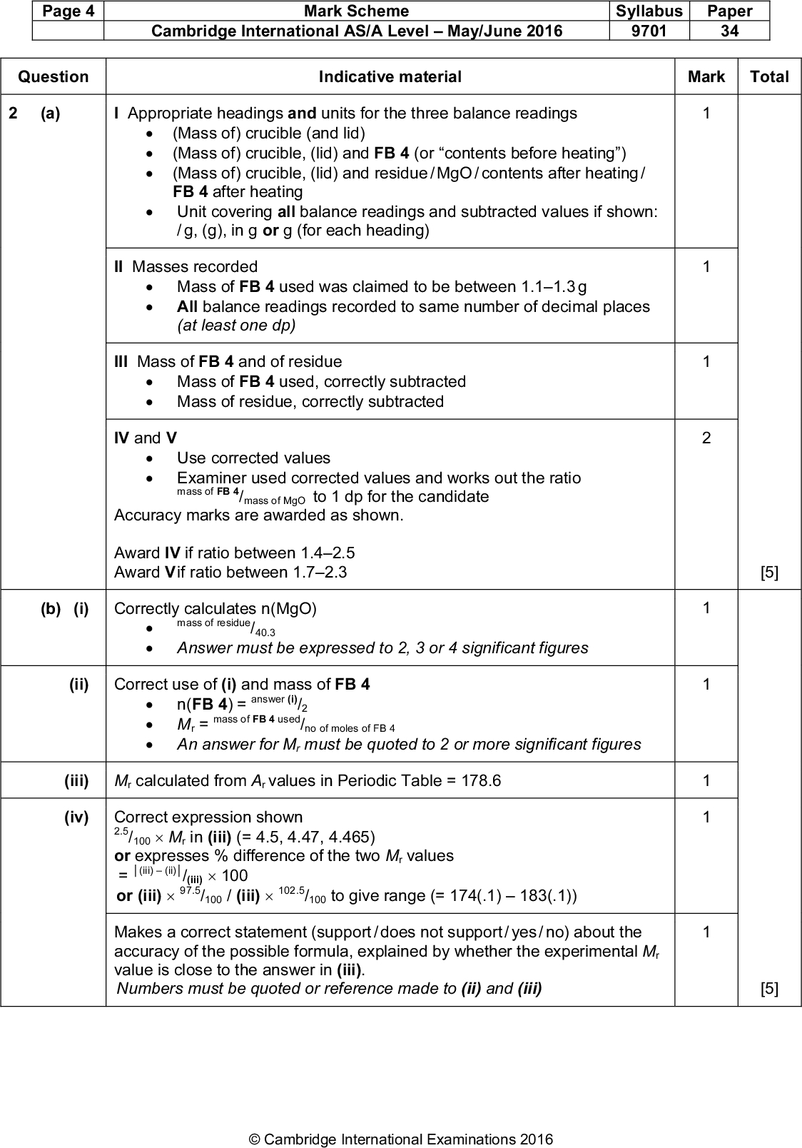 Page 4 Question Cambridge International AS/A LevelMay/June 2016 9701 34 Mark Scheme Syllabus Paper Indicative material Mark Total (a) I Appropriate headings and units for the three balance readings(Mass of) crucible (and lid) (Mass of) crucible, (lid) and FB 4 (or contents before heating) (Mass of) crucible, (lid) and residue / MgO / contents after heating / FB 4 after heatingUnit covering all balance readings and subtracted values if shown: / g, (g), in g or g (for each heading) II Masses recordedMass of FB 4 used was claimed to be between 1.11.3 gAll balance readings recorded to same number of decimal places (at least one dp) III Mass of FB 4 and of residueMass of FB 4 used, correctly subtractedMass of residue, correctly subtracted IV and VUse corrected valuesExaminer used corrected values and works out the ratio mass of FB 4 /mass of MgO to 1 dp for the candidate Accuracy marks are awarded as shown. Award IV if ratio between 1.42.5 Award V if ratio between 1.72.3 (b) (i) Correctly calculates n(MgO) mass of residue/40.3Answer must be expressed to 2, 3 or 4 significant figures (ii) Correct use of (i) and mass of FB 4 n(FB 4) = answer (i)Mr = mass of FB 4 used/no of moles of FB 4An answer for Mr must be quoted to 2 or more significant figures /2 (iii) Mr calculated from Ar values in Periodic Table = 178.6 (iv) Correct expression shown 2.5/100Mr in (iii) (= 4.5, 4.47, 4.465) or expresses % difference of the two Mr values = (iii)(ii) or (iii)97.5/100 / (iii)102.5/100 to give range (= 174(.1)183(.1)) /(iii)100 Makes a correct statement (support / does not support / yes / no) about the accuracy of the possible formula, explained by whether the experimental Mr value is close to the answer in (iii). Numbers must be quoted or reference made to (ii) and (iii)Cambridge International Examinations 2016 [5] [5]<br />
 Page 5 (c) (i) Cambridge International AS/A LevelMay/June 2016 9701 34 Mark Scheme Syllabus Paper [4] [14] Improvement Heat (crucible and residue) to constant mass Accept a description of the procedure for the mark or heat more strongly / to a higher temperature or heat for longer so more is decomposed If a 1 dp balance is used allow use a balance weighing to more dp and to reduce % error (in weighing) / give more precise mass (ii) Conclusion To find out whether the two experiments are reliable / consistent / concordant or If the experiments do not agree then carry out a 3rd / another expt or If one experiment was inaccurate because it gave a poor Mr value it can be ignored (iii) Error is 0.005 g or 0.01 g (if 2 dp balance was used) (If a 3 dp balance was used, error is 0.0005 or 0.001 g) (If a 1 dp balance was used, error is 0.05 or 0.1 g) % = 1002error / mass of FB 4 Accept correct expression or correct answer to 2, 3 or 4 significant figures Question 2Cambridge International Examinations 2016<br />
