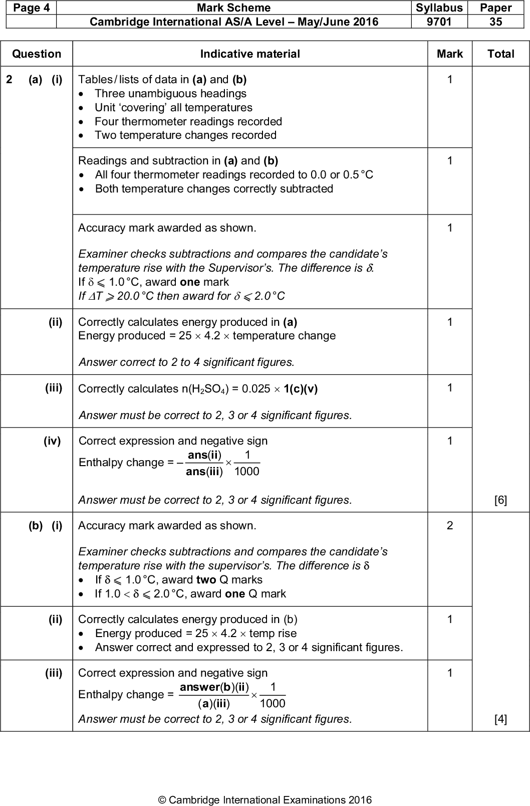Page 4 Question Cambridge International AS/A LevelMay/June 2016 9701 35 Mark Scheme Syllabus Paper Indicative material Mark Total (a) (i) Tables / lists of data in (a) and (b)Three unambiguous headingsUnit covering all temperaturesFour thermometer readings recordedTwo temperature changes recorded Readings and subtraction in (a) and (b)All four thermometer readings recorded to 0.0 or 0.5 CBoth temperature changes correctly subtracted Accuracy mark awarded as shown. Examiner checks subtractions and compares the candidates temperature rise with the Supervisors. The difference is . If1.0 C, award one mark If T20.0 C then award for2.0 C (ii) Correctly calculates energy produced in (a) Energy produced = 254.2temperature change Answer correct to 2 to 4 significant figures. (iii) Correctly calculates n(H2SO4) = 0.0251(c)(v) Answer must be correct to 2, 3 or 4 significant figures. (iv) Correct expression and negative sign Enthalpy change =( ) ans ii ans iii ) 1000 Answer must be correct to 2, 3 or 4 significant figures. (b) (i) Accuracy mark awarded as shown. Examiner checks subtractions and compares the candidates temperature rise with the supervisors. The difference isIf1.0 C, award two Q marks If 1.0 <2.0 C, award one Q mark [6] (ii) Correctly calculates energy produced in (b)Energy produced = 254.2temp riseAnswer correct and expressed to 2, 3 or 4 significant figures. (iii) Correct expression and negative sign 1 ( )( ) answer b ii Enthalpy change = ( )( a iii 1000 Answer must be correct to 2, 3 or 4 significant figures. [4]Cambridge International Examinations 2016<br />
 Cambridge International AS/A LevelMay/June 2016 9701 35 Mark Scheme Syllabus Paper Indicative material Mark Total Page 5 Question (c) [2] [2] [14] Attempt at a Hess Law energy cycleTwo correct arrows from the equationLeft arrow labelled with (a)(iv) or numerical valueRight arrow labelled with (b)(iii) or numerical value Correctly calculates enthalpy change Answer = (a)(iv)(b)(iii) (d) (i) % error = 2 0.5 ( ) temp rise in b 100 (ii) The student is wrong because MgO is in excess or The student is wrong because H2SO4 is the limiting reagent Question 2Cambridge International Examinations 2016<br />
