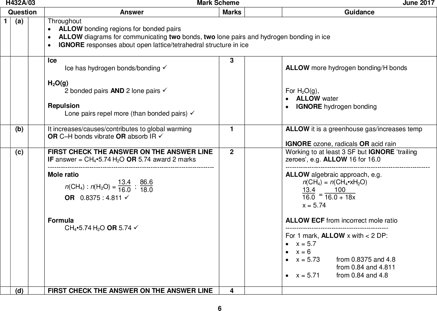 Answer Mark Scheme Marks Guidance June 2017 ThroughoutALLOW bonding regions for bonded pairsALLOW diagrams for communicating two bonds, two lone pairs and hydrogen bonding in iceIce IGNORE responses about open lattice/tetrahedral structure in ice Ice has hydrogen bonds/bondingH2O(g) 2 bonded pairs AND 2 lone pairsRepulsion Lone pairs repel more (than bonded pairs)It increases/causes/contributes to global warming OR CH bonds vibrate OR absorb IRFIRST CHECK THE ANSWER ON THE ANSWER LINE IF answer = CH45.74 H2O OR 5.74 award 2 marks ---------------------------------------------------------------------------- Mole ratio n(CH4) : n(H2O) = 13.4 16.0 OR 0.8375 : 4.81186.6 18.0 ALLOW more hydrogen bonding/H bonds For H2O(g),ALLOW waterIGNORE hydrogen bonding ALLOW it is a greenhouse gas/increases temp IGNORE ozone, radicals OR acid rain Working to at least 3 SF but IGNORE trailing zeroes, e.g. ALLOW 16 for 16.0 ------------------------------------------------------------------ ALLOW algebraic approach, e.g. H432A/03 Question (a) (b) (c) Formula CH45.74 H2O OR 5.74(d) FIRST CHECK THE ANSWER ON THE ANSWER LINE n(CH4) = n(CH4xH2O) 13.4 16.0 x = 5.74 16.0 + 18x 100 ALLOW ECF from incorrect mole ratio ----------------------------------------------- For 1 mark, ALLOW x with < 2 DP:x = 5.7x = 6x = 5.73x = 5.71 from 0.8375 and 4.8 from 0.84 and 4.811 from 0.84 and 4.8<br />
 H432/03 Question Mark Scheme June 2017 Answer IF answer = 188 (dm3) AND use of ideal gas equation Award 4 marks for calculation ---------------------------------------------------------------------------- n(CH4) in 1 kg n(CH4) = 1103 16.0 13.4 100 = 8.375 OR 8.38 (mol)Rearranging ideal gas equation V = nRT Substitution of values into V = nRTCalculated value of n(CH4) (Use ECF)R = 8.314 OR 8.31T in K:p in Pa OR kPa 273 K 101 OR 101103 OR 1.01105 e.g. 8.3758.314273 (101103) OR 8.3758.314273 101 Marks Guidance ALLOW use of M(answer to (c) OR 119.32 Examples From n(CH45.74 H2O) 1103 119.32 = 8.38(1)188 (dm3) From n(CH45.7 H2O) 1103 118.6 = 8.43(2)189 (dm3) From n(CH46 H2O) 1103 124.0 = 8.06 (mol)181 (dm3) ---------------------------------------------------------------- IF V = is omitted, ALLOW when values are nRT substituted into rearranged ideal gas equation. Final volume in dm3 to 3 SF V = 188 (dm3)COMMON ERRORS Use of 298 K ALLOW ECF 3 marks max Example n(CH45.74 H2O) = 8.375V = 8.3758.314298 101103205 (dm3)ALLOW ECF from n(CH4) 2 marks max for n(CH4) and V in dm3 Use of 24.0 dm3 OR 22.4 dm3 24.0 dm3 22.4 dm3 13.4% (13.4/100) omitted n(CH45.74 H2O) = 8.375n(CH45.74 H2O) = 8.375n = = 62.5 (mol)1103 16 V = 8.37524.0 = 201 (dm3)V = 8.37522.4 = 188 (dm3)3 marks V = 62.58.314273 1011031400 (dm3)(e) For fuel OR energyALLOW responses linked with energy. e.g.to generate electricity<br />
 Mark Scheme June 2017 Guidancefor burning/heat ALLOW (chemical) feedstock IGNORE cooking H432/03 Question Answer Marks Total 11<br />
