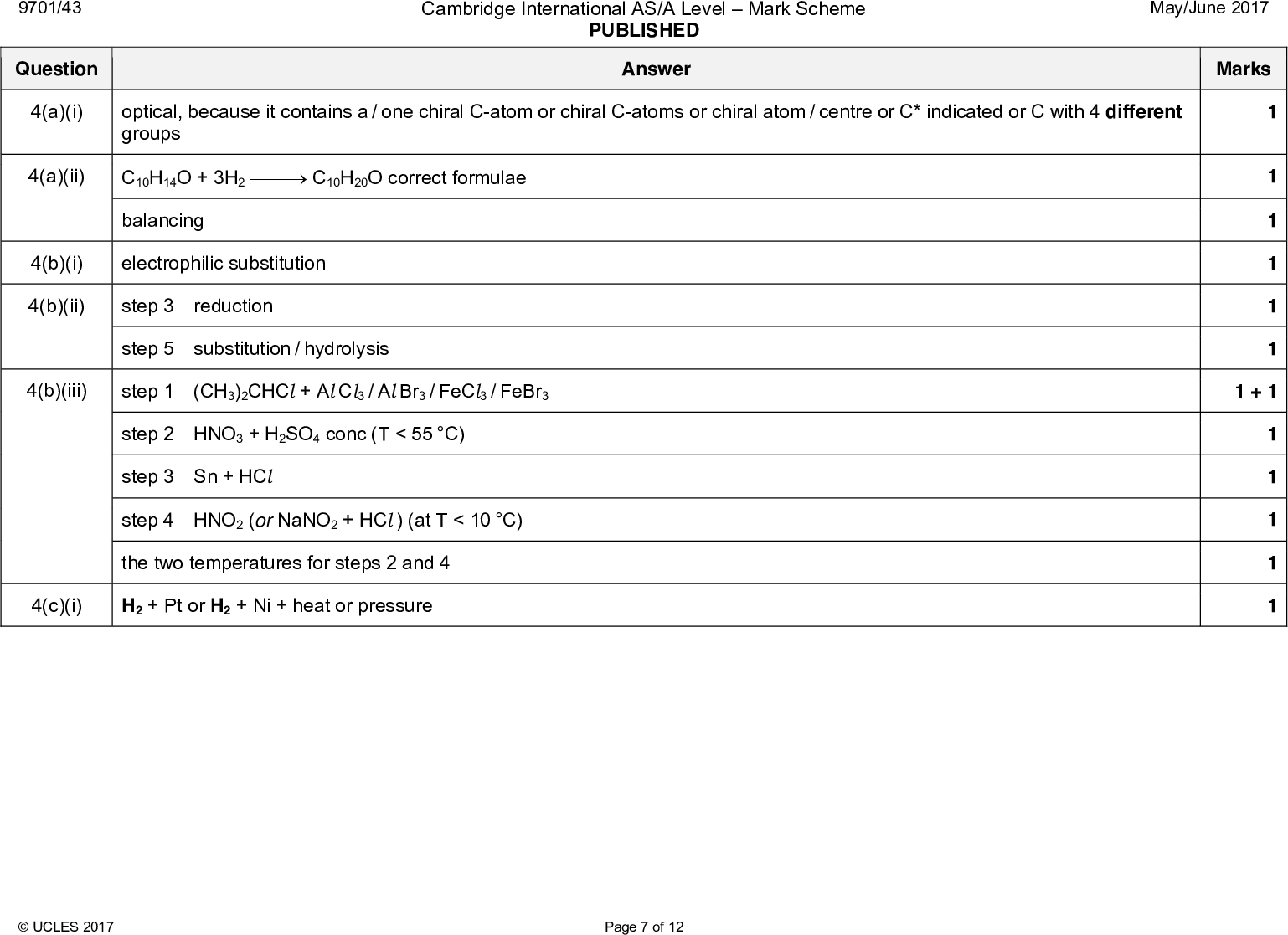 9701/43 Question 4(a)(i) Cambridge International AS/A LevelMark Scheme PUBLISHED Answer optical, because it contains a / one chiral C-atom or chiral C-atoms or chiral atom / centre or C* indicated or C with 4 different groups 4(a)(ii) C10H14O + 3H2 (cid:127)(cid:127) C10H20O correct formulae balancing 4(b)(i) electrophilic substitution 4(b)(ii) step 3 reduction step 5 substitution / hydrolysis 4(b)(iii) step 1 (CH3)2CHCl + Al Cl3 / Al Br3 / FeCl3 / FeBr3 4(c)(i) step 2 HNO3 + H2SO4 conc (T < 55 C) step 3 Sn + HCl step 4 HNO2 (or NaNO2 + HCl ) (at T < 10 C) the two temperatures for steps 2 and 4 H2 + Pt or H2 + Ni + heat or pressure PMT May/June 2017 Marks 1 1 1 1 1 1 1 + 1 1 1 1 1 1UCLES 2017 Page 7 of 12<br />
 9701/43 Question 4(c)(ii) CH3 OH Cambridge International AS/A LevelMark Scheme PUBLISHED Answer CH(CH3)2 (CH3)2CH, CH3 and OH on the correct ring atoms i.e. structure is correct Question 5(a) all Hs on the same side of the ring Answer amine methyl ketone aromatic amine aldehyde amine methyl ketone amide J and L correct K correct M correct 5(b)(i) 5(b)(ii) hydrolysis P is C6H5NH2 Q is CH3CH2CO2NaUCLES 2017 Page 8 of 12 PMT May/June 2017 Marks 1 Total: 1 15 Marks 1 + 1 1 + 1 1 1 1 1<br />
