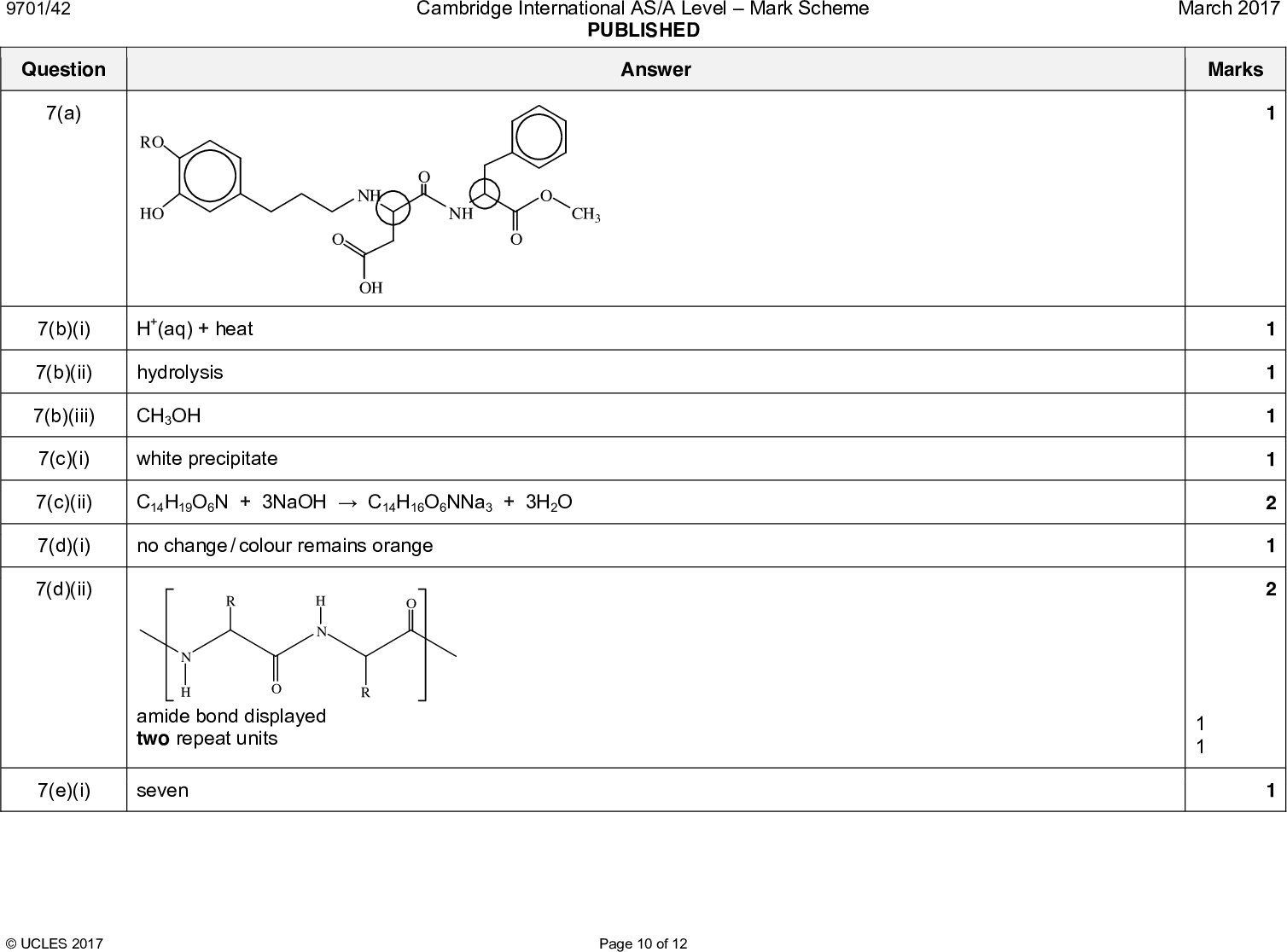 Cambridge International AS/A LevelMark Scheme PUBLISHED Answer NH CH3 NH OH 9701/42 Question 7(a) RO HO 7(b)(i) H+(aq) + heat 7(b)(ii) hydrolysis 7(b)(iii) CH3OH 7(c)(i) white precipitate 7(c)(ii) C14H19O6N + 3NaOHC14H16O6NNa3 + 3H2O 7(d)(i) no change / colour remains orange 7(d)(ii) H N N H amide bond displayed two repeat units 7(e)(i) sevenUCLES 2017 Page 10 of 12 PMT March 2017 Marks 1 1 1 1 1 2 1 2 1 1<br />
 Cambridge International AS/A LevelMark Scheme PUBLISHED Answer x, any aryl carbon at= 130 PMT March 2017 Marks 1 9701/42 Question 7(e)(ii) Question H2N OH y at =170 Answer 8(a) oxidation of OH / alcohol to C=O / ketone / carbonyl 8(b)(i) 8(b)(ii) 8(b)(iii) dehydration / elimination heat with Al2O3 OR heat with H3PO4 / H2SO4 CO2H HO OCH3 HO2C 8(c) phenol ketoneUCLES 2017 Page 11 of 12 Marks 1 1 1 2 1 1<br />
