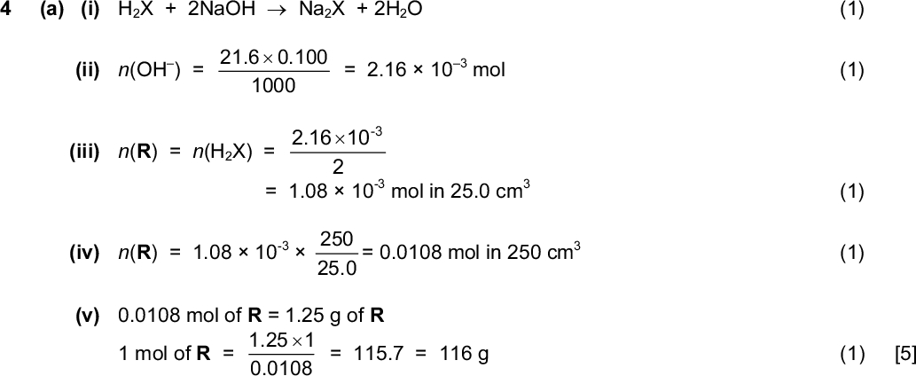 Page 4 Mark Scheme Syllabus Paper GCE AS/A LEVELOctober/November 2013 9701 21 PMT (c) cold dilute aqueous NaOH NaOCl +1 hot concentrated aqueous NaOH NaClO3 +5 (d) MgCl 2 6.5 to 6.9 SiCl 4 0 to 3 MgCl 2 dissolves without reaction or slight or partial hydrolysis occurs SiCl reacts with water or hydrolysis occurs SiCl 4 + 2H2OSiO2 + 4HCl or SiCl 4 + 4H2OSi(OH)4 + 4HCl or SiCl 4 + 4H2OSiO2.2H2O + 4HCl (a) (i) H2X + 2NaOHNa2X + 2H2O (1) (1) (1) (1) [4] (1) (1) (1) (1) (1) [5] [Total: 16] (1) (1) (1) (1) (ii) n(OH ) = 21.60.100 = 2.1610 mol 3 1000 (iii) n(R) = n(H2X) = 2.16 10 -3 = 1.0810 -3 mol in 25.0 cm (iv) n(R) = 1.0810 = 0.0108 mol in 250 cm -3 250 25.0 (v) 0.0108 mol of R = 1.25 g of R 1.251 mol of R = = 115.7 = 116 g (1) [5] 0.0108Cambridge International Examinations 2013<br />
 Page 5 Mark Scheme Syllabus Paper GCE AS/A LEVELOctober/November 2013 9701 21 PMT (b) (i) M r of S = 116 r of T = 134 r of U = 150 all three needed (ii) S (c) S into T conc. H2SO4 followed by H2O or H3PO4 followed by H2O or steam and H3PO4 catalyst S into U KMnO4 cold dilute acidified or cold dilute alkaline T into S P4O10 or conc. H2SO4 or conc. H3PO4 or Al 2O3 (1) (1) [2] (1 + 1) (1) (1) and heat in each case (1) [5] (d) T reacting with an excess of Na NaO2CCH(ONa)CH2CO2Na (1) U reacting with an excess of Na2CO3 NaO2CCH(OH)CH(OH)CO2Na (1) [2] (e) cis or Z trans or E two correct structures correct labels (1) (1) [2]Cambridge International Examinations 2013<br />
 Page 6 Mark Scheme Syllabus Paper GCE AS/A LEVELOctober/November 2013 9701 21 (f) correct ring of C and O atoms, i.e. PMT (1) correct compound, i.e. (hydrogen atoms do not need to be shown) (1) [2] [Total: 18] (1) (1) [2] (a) (i) alkanes or paraffins not hydrocarbons (ii) 2C4H10 + 13O28CO2 + 10H2O (b) (i) carbon allow graphite (1) (ii) 2C4H10 + 5O28C + 10H2O allow balanced equations which include CO and/or CO2 (1) [2] (c) enthalpy change when 1 mol of a substance (1) is burnt in an excess of oxygen/air under standard conditions or is completely combusted under standard conditions (1) [2] (d) (i) pVM 1.01 10 125 10 44 RT 8.31 293 = 0.228147345 g = 0.23 g (ii) heat released = m cT = 2004.1813.8 J = 11536.8 J = 11.5 kJ (iii) 0.23 g of propane produce 11.5 kJ 44 g of propane produce kJ 11.544 0.23 = 2200 kJ mol 1Cambridge International Examinations 2013 (1) (1) (1) (1) (1) [5]<br />

