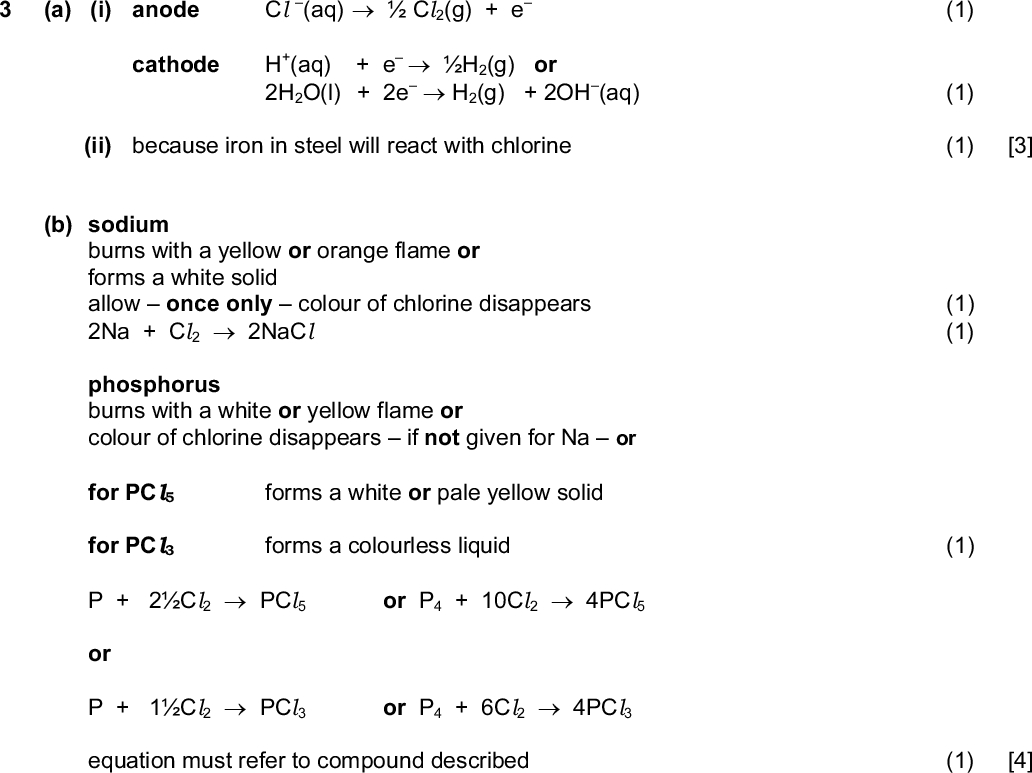 Page 3 Mark Scheme Syllabus Paper GCE AS/A LEVELOctober/November 2013 9701 22 (a) 117 to 120 (1) [1] PMT (b) (i) electrophilic addition (1) (ii) 1 mark for each correct structure allow correctly drawn optical isomers of the first structure (31) [4] [Total: 5] (a) (i) anode Cl (aq)Cl 2(g) + e cathodeH2(g) orH2(g) + 2OH (aq) 2H2O(l) + 2e (aq) + e (1) (1) (ii) because iron in steel will react with chlorine (1) [3] (b) sodium burns with a yellow or orange flame or forms a white solid allowonce onlycolour of chlorine disappears 2Na + Cl 22NaCl phosphorus burns with a white or yellow flame or (1) (1) colour of chlorine disappearsif not given for Naor for PCl5 for PCl3 forms a white or pale yellow solid forms a colourless liquid (1) P + 2Cl 2PCl or P4 + 10Cl 24PCl or P + 1Cl 2PCl or P4 + 6Cl 24PCl equation must refer to compound described (1) [4]Cambridge International Examinations 2013<br />
 Page 4 Mark Scheme Syllabus Paper GCE AS/A LEVELOctober/November 2013 9701 22 PMT (c) cold dilute aqueous NaOH NaOCl +1 hot concentrated aqueous NaOH NaClO3 +5 (d) MgCl 2 6.5 to 6.9 SiCl 4 0 to 3 MgCl 2 dissolves without reaction or slight or partial hydrolysis occurs SiCl reacts with water or hydrolysis occurs SiCl 4 + 2H2OSiO2 + 4HCl or SiCl 4 + 4H2OSi(OH)4 + 4HCl or SiCl 4 + 4H2OSiO2.2H2O + 4HCl (a) (i) H2X + 2NaOHNa2X + 2H2O (1) (1) (1) (1) [4] (1) (1) (1) (1) (1) [5] [Total: 16] (1) (1) (1) (1) (ii) n(OH ) = 21.60.100 = 2.1610 mol 3 1000 (iii) n(R) = n(H2X) = 2.16 10 -3 = 1.0810 -3 mol in 25.0 cm (iv) n(R) = 1.0810 = 0.0108 mol in 250 cm -3 250 25.0 (v) 0.0108 mol of R = 1.25 g of R 1.251 mol of R = = 115.7 = 116 g (1) [5] 0.0108Cambridge International Examinations 2013<br />
