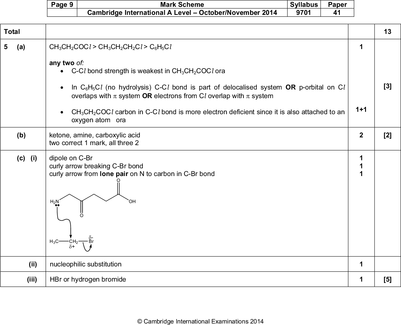 Page 9 Mark Scheme Syllabus Paper Cambridge International A LevelOctober/November 2014 9701 41 Total (a) CH3CH2COCl > CH3CH2CH2Cl > C6H5Cl any two of:C-Cl bond strength is weakest in CH3CH2COCl ora In C6H5Cl (no hydrolysis) C-Cl bond is part of delocalised system OR p-orbital on Cl overlaps withsystem OR electrons from Cl overlap withsystemCH3CH2COCl carbon in C-Cl bond is more electron deficient since it is also attached to an oxygen atom ora (b) ketone, amine, carboxylic acid two correct 1 mark, all three 2 (c) (i) dipole on C-Br curly arrow breaking C-Br bond curly arrow from lone pair on N to carbon in C-Br bond OH CH + - Br (ii) nucleophilic substitution (iii) HBr or hydrogen bromideCambridge International Examinations 2014 PMT 13 [3] 1+1 [2] [5]<br />
 Page 10 Mark Scheme Syllabus Paper Cambridge International A LevelOctober/November 2014 9701 41 (d) Y = NH OH OH W = NH (Cl X = OH CH NH OH each structure 1 mark (e) CH CH CH CH CH CH correct displayed amide formula correct polyamide with two repeat units Total (a) (move in different directions) some amino acids have a different charge (move at different speeds) some amino acids have a different size/different charge (some amino acids do not move at all) some amino acids exist as a zwitterions/have no net(overall) charge/neutral/both NH2/COOH are charged in amino acids PMT [3] [2] 15 [3] (b) (i) mobilesolvent or water stationaryalumina/silica (supported on glass/plastic/Al) (ii) by adsorption [3]Cambridge International Examinations 2014<br />
