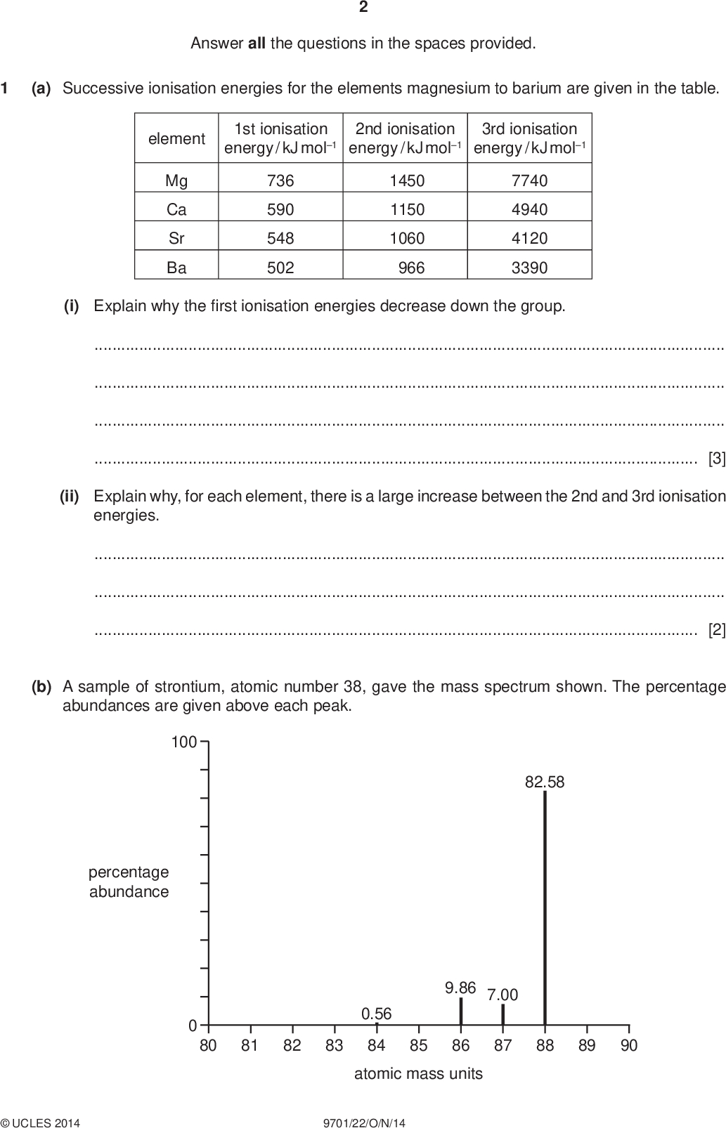 Answer all the questions in the spaces provided. (a) Successive ionisation energies for the elements magnesium to barium are given in the table. PMT element 1st ionisation energy / kJ mol1 2nd ionisation energy / kJ mol1 3rd ionisation energy / kJ mol1 Mg Ca Sr Ba 736 590 548 502 1450 1150 1060 966 7740 4940 4120 3390 (i) Explain why therst ionisation energies decrease down the group.[3] (ii) Explain why, for each element, there is a large increase between the 2nd and 3rd ionisation energies.[2] (b) A sample of strontium, atomic number 38, gave the mass spectrum shown. The percentage abundances are given above each peak. 100 percentage abundance 82.58 80 81 82 83 0.56 84 9.86 7.007.00 85 86 87 88 89 90 atomic mass unitsUCLES 2014 9701/22/O/N/14<br />
 PMT (i) Complete the full electronic con guration of strontium. 1s2 2s2 2p6[1] (ii) Explain why there are four different peaks in the mass spectrum of strontium.[1] (iii) Calculate the atomic mass, Ar, of this sample of strontium. Give your answer to three signi cantgures. Ar =[2] (c) A compound of barium, A, is used inreworks as an oxidising agent and to produce a green colour. (i) Explain, in terms of electron transfer, what is meant by the term oxidising agent.[1] (ii) A has the following percentage composition by mass: Ba, 45.1; Cl , 23.4; O, 31.5. Calculate the empirical formula of A. empirical formula of A[3]UCLES 2014 9701/22/O/N/14 [Turn over<br />
 (d) Some reactions involving magnesium and its compounds are shown in the reaction scheme below. X(aq) water Mg(s) steam Y(s) PMT HNO3(aq) reaction reaction Z(aq) Z(s) (i) Give the formulae of the compounds X, Y and Z. XYZ[3] (ii) Name the reagent needed to convert Y(s) into Z(aq) in reaction 1 and write an equation for the reaction. reagentequation[2] (iii) How would you convert a sample of Z(s) into Y(s) in reaction 2?[1] (iv) Give equations for the conversions of Mg into X, and Z(s) into Y. Mg to XZ to Y[2] [Total: 21]UCLES 2014 9701/22/O/N/14<br />
 PMT Question 2 starts on the next page.UCLES 2014 9701/22/O/N/14 [Turn over<br />
