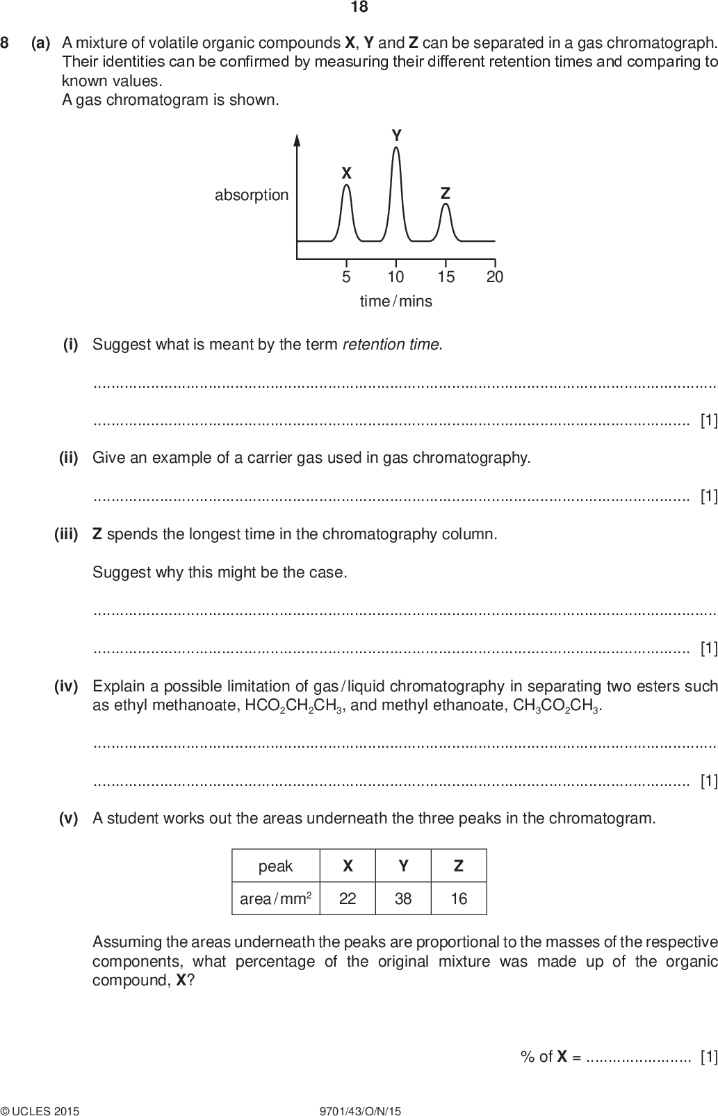 18 (a) A mixture of volatile organic compounds X, Y and Z can be separated in a gas chromatograph. Their identities can be confirmed by measuring their different retention times and comparing to known values. A gas chromatogram is shown. PMT absorption 10 15 20 time / mins (i) Suggest what is meant by the term retention time.[1] (ii) Give an example of a carrier gas used in gas chromatography.[1] (iii) Z spends the longest time in the chromatography column. Suggest why this might be the case.[1] (iv) Explain a possible limitation of gas / liquid chromatography in separating two esters such as ethyl methanoate, HCO2CH2CH3, and methyl ethanoate, CH3CO2CH3.[1] (v) A student works out the areas underneath the three peaks in the chromatogram. peak area / mm2 X 22 Y 38 Z 16 Assuming the areas underneath the peaks are proportional to the masses of the respective components, what percentage of the original mixture was made up of the organic compound, X?UCLES 2015 9701/43/O/N/15 % of X =[1]<br />
 (b) The NMR spectrum of Y given below shows four absorptions. 19 PMT absorption/ ppm (i) What compound is responsible for the absorption at= 0?[1] (ii) Compound Y is an ester with the molecular formula C4H8O2. Complete the table for the NMR spectrum of Y. The actual chemical shifts for three absorptions in Y and the splitting pattern for the resonance at= 3.7 ppm have been given for you. Use of the Data Booklet may be helpful.UCLES 2015 9701/43/O/N/15 type of proton(s) number of protons splitting pattern chemical shift/ ppm 1.0 2.3 3.7 (iii) Use your conclusions to suggest a structure for the ester Y. singlet [4] [1] [Total: 11] [Turn over<br />
