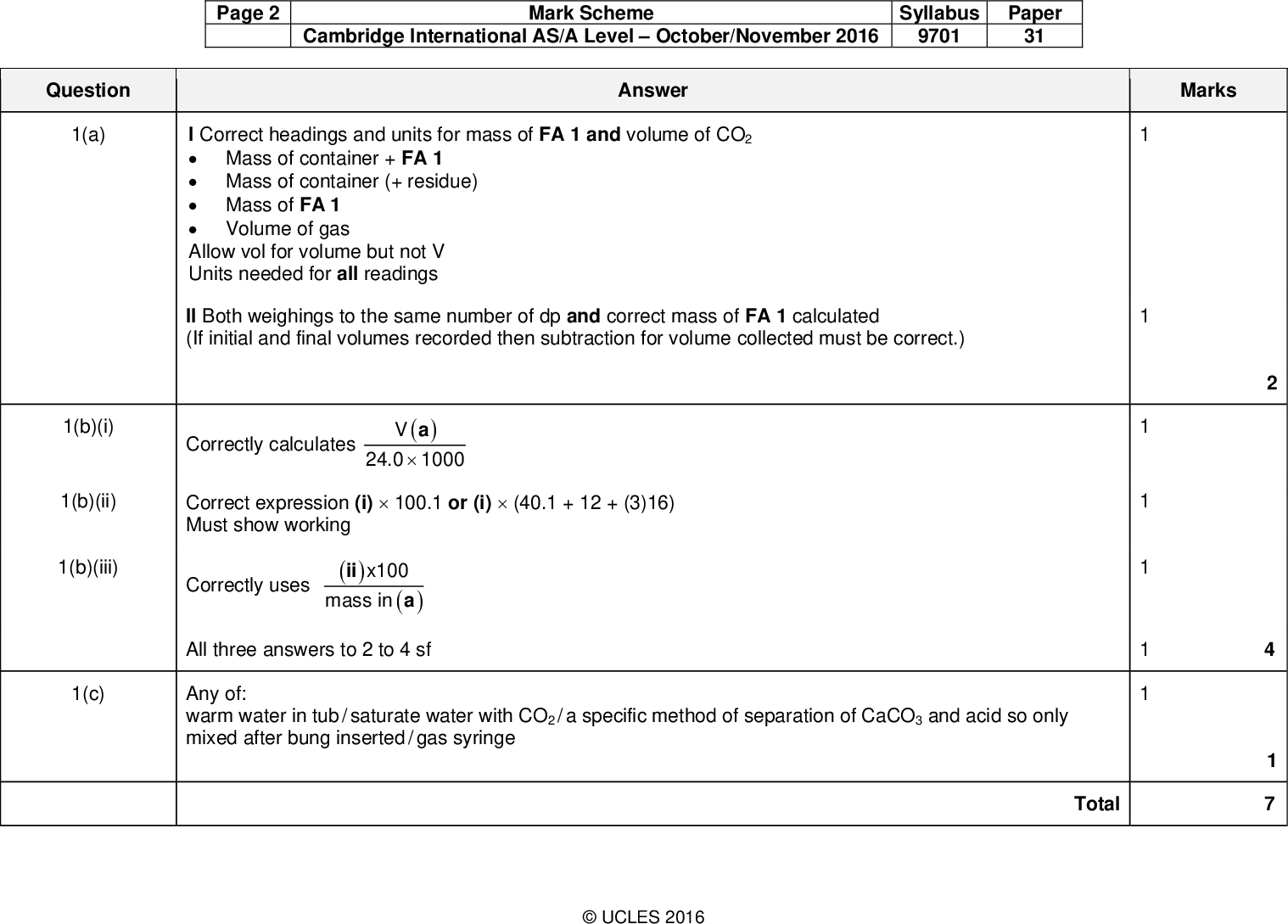 Page 2 Cambridge International AS/A LevelOctober/November 2016 Mark Scheme Syllabus 9701 Paper 31 Answer Marks Question 1(a) Total I Correct headings and units for mass of FA 1 and volume of CO2Mass of container + FA 1Mass of container (+ residue)Mass of FA 1Volume of gas Allow vol for volume but not V Units needed for all readings II Both weighings to the same number of dp and correct mass of FA 1 calculated (If initial and final volumes recorded then subtraction for volume collected must be correct.) 1(b)(i) 1(b)(ii) 1(b)(iii) 1(c) Correctly calculates ( V24.0 1 000 Correct expression (i)100.1 or (i)(40.1 + 12 + (3)16) Must show working Correctly uses ( ) ii x1 00 ( a mass in All three answers to 2 to 4 sf Any of: warm water in tub / saturate water with CO2 / a specific method of separation of CaCO3 and acid so only mixed after bung inserted / gas syringeUCLES 2016<br />
