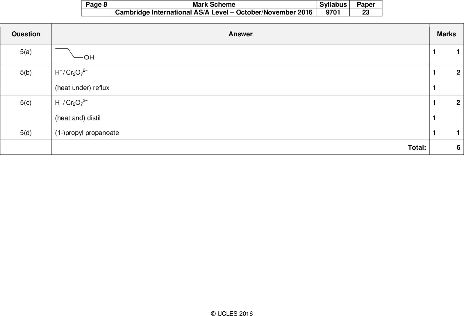Marks 1 2 1 1 1 Total: Question 5(a) 5(b) 5(c) 5(d) Cambridge International AS/A LevelOctober/November 2016 Mark Scheme Syllabus 9701 Paper 23 Answer Page 8 2 / Cr2O7 H+ (heat under) reflux 2 / Cr2O7 H+ (heat and) distil (1-)propyl propanoateUCLES 2016<br />
