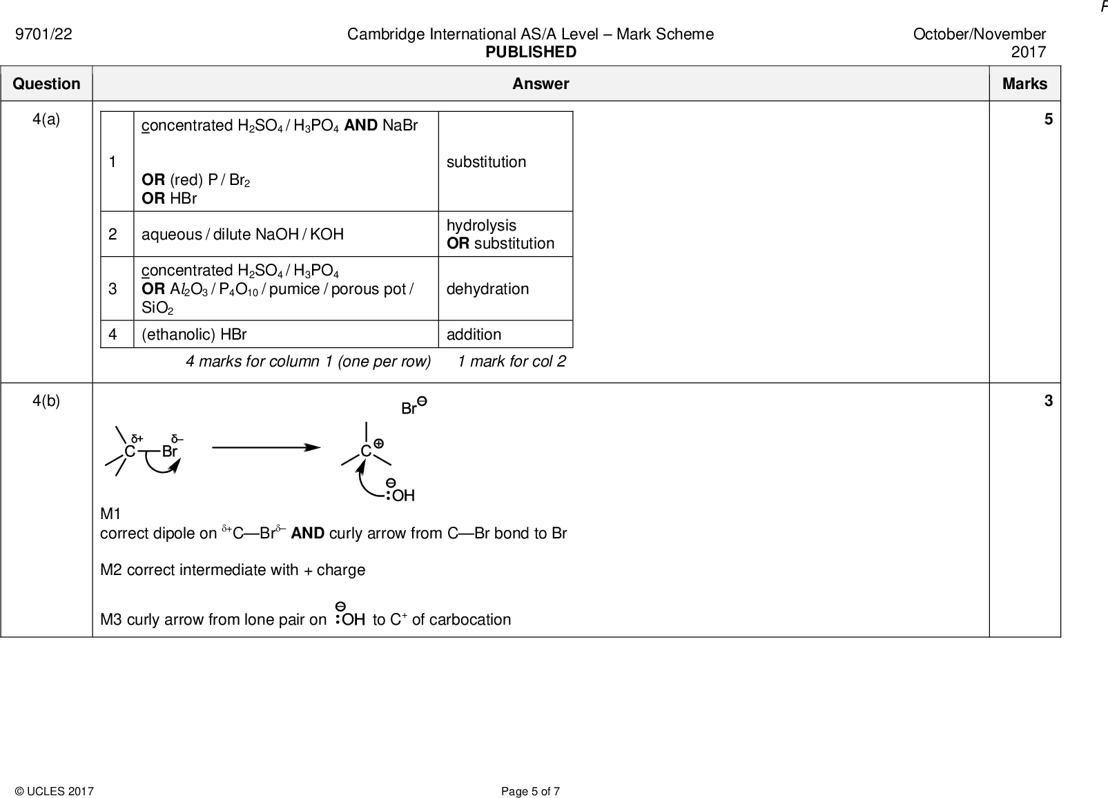 9701/22 Question 4(a) 4(b) concentrated H2SO4 / H3PO4 AND NaBr OR (red) P / Br2 OR HBr aqueous / dilute NaOH / KOH concentrated H2SO4 / H3PO4 OR Al2O3 / P4O10 / pumice / porous pot / SiO2 (ethanolic) HBr 4 marks for column 1 (one per row) substitution hydrolysis OR substitution dehydration addition 1 mark for col 2 M1 correct dipole on +CBr AND curly arrow from CBr bond to Br M2 correct intermediate with + charge M3 curly arrow from lone pair on to C+ of carbocationUCLES 2017 Page 5 of 7 Cambridge International AS/A LevelMark Scheme PUBLISHED Answer October/November 2017 Marks<br />
 9701/22 Question Cambridge International AS/A LevelMark Scheme PUBLISHED Answer October/November 2017 Marks 4(c)(i) (different molecules) same molecular formula / same numbers of atoms of each (type of) element different structural formulae / displayed formulae chain / skeletal functional group position(al) / regioisomerism two types correct = 1 mark, all three correct = 2 marks 4(c)(ii) SN / nucleophilic substitution no (stable) (carbo)cation / intermediate is formed only one alkyl group / fewer alkyl / methyl groups (compared to reaction 2) AND limited (+)I / inductive effect / less electron donating (effect) 4(d)(i) mirror images are super(im)posable OR not chiral / no chirality / no chiral/asymmetric carbon/centre / achiral one or both C/end of double bond has identical groups / 2 methyl groups / 2 H (atoms) 4(d)(ii) addition marking points:correct number of tetravalent carbon atoms in backbone, with extension bonds correct groups on backbone carbon atoms and only one repeat unit 4(d)(iii) not/non- biodegradable / harmful combustion productsUCLES 2017 Page 6 of 7<br />
 9701/22 Question Cambridge International AS/A LevelMark Scheme PUBLISHED Answer 4(e) 2-bromo-2-methylpropane 1-bromo-2-methylpropane October/November 2017 MarksUCLES 2017 Page 7 of 7<br />
