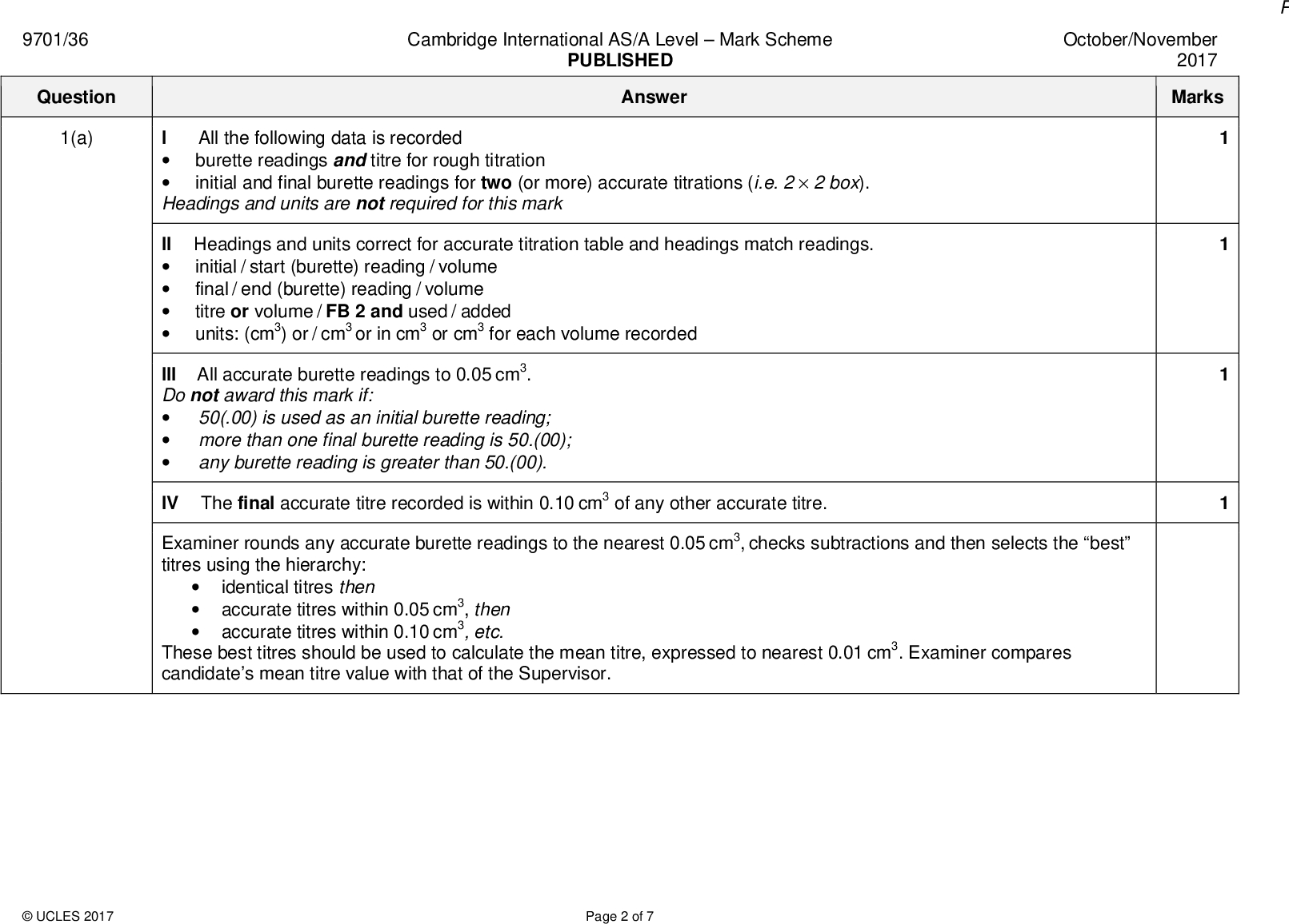 Cambridge International AS/A LevelMark Scheme PUBLISHED Answer October/November 2017 Marks All the following data is recorded burette readings and titre for rough titration initial and final burette readings for two (or more) accurate titrations (i.e. 22 box). IHeadings and units are not required for this mark II Headings and units correct for accurate titration table and headings match readings.units: (cm3) or / cm3 or in cm3 or cm3 for each volume recorded initial / start (burette) reading / volume final / end (burette) reading / volume titre or volume / FB 2 and used / added III All accurate burette readings to 0.05 cm3. Do not award this mark if:more than one final burette reading is 50.(00);50(.00) is used as an initial burette reading; any burette reading is greater than 50.(00). IV The final accurate titre recorded is within 0.10 cm3 of any other accurate titre. Examiner rounds any accurate burette readings to the nearest 0.05 cm3, checks subtractions and then selects the best titres using the hierarchy: identical titres thenaccurate titres within 0.05 cm3, thenaccurate titres within 0.10 cm3, etc. These best titres should be used to calculate the mean titre, expressed to nearest 0.01 cm3. Examiner compares candidates mean titre value with that of the Supervisor. 9701/36 Question 1(a)UCLES 2017 Page 2 of 7<br />
 9701/36 Question 1(a) 1(b) Cambridge International AS/A LevelMark Scheme PUBLISHED Answer if0.30 (cm3) Award V and VI Award V if 0.30 <0.60 cm3 October/November 2017 Marks (e.g. 26.666 cm3 must be rounded to 26.67 cm3) Candidate must take the average of two (or more) titres that are within a total spread of not more than 0.20 cm3.Working / explanation must be shown or ticks must be put next to the two (or more) accurate readings selected.The mean should be quoted to 2 dp, and be rounded to nearest 0.01 cm3. Two special cases, where the mean need not be to 2 dp:Allow mean expressed to 3 dp only for 0.025 or 0.075 (e.g. 26.325 cm3)Allow mean if expressed to 1 dp, if all accurate burette readings were given to 1 dp and the mean is exactly correct. Do not award this mark if:The rough titre was used to calculate the mean.The candidate did only one accurate titration.Burette readings were incorrectly subtracted to obtain any of the accurate titre values.(e.g. 26.0 and 26.2 = 26.1 is allowed) (e.g. 26.0 and 26.1 = 26.1 is wrongshould be 26.05) All burette readings used to calculate the mean were recorded as integers 1(c)(i) Correctly calculatesnumber of moles of MnO4 = 0.02 vol in1000 (b) 1(c)(ii) Correctly uses: (i)5/2 (to a minimum of 2 sf)UCLES 2017 Page 3 of 7<br />
 Cambridge International AS/A LevelMark Scheme PUBLISHED Answer October/November 2017 Marks (COOH)2(aq) + 2NaOH(aq)(COONa)2(aq) + 2H2O(l) Table clearly showing 2 (or more) accurate initial and final volumes and titres. Subtraction for titres must be correct. Examiner rounds any accurate burette readings to the nearest 0.05 cm3, checks subtractions and then selects the best titres using the hierarchy: identical titres then These best titres should be used to calculate the mean titre, expressed to nearest 0.01 cm3. Examiner compares candidates mean titre value with that of the Supervisor.accurate titres within 0.05 cm3, thenaccurate titres within 0.10 cm3, etc. Award 3 marks if0.20 cm3. Award 2 marks if 0.20 <0.40 cm3. Award 1 mark if 0.40 <0.60 cm3. Correctly uses mean in (i) and number of moles of NaOH and moles (COOH)2 = (ii)/2 in (iii) = 0.04 vol in1000 (i) in (ii) 9701/36 Question 1(d) 1(e) 1(f)(i), (ii) and (iii) 1(g)(i) 1(g)(ii) 1(g)(iii) Correctly uses (c)(ii)(f)(iii) Correctly uses mass (COONa)2 = (g)(i)134 Correctly uses mass (COOH)2 = (f)(iii)90UCLES 2017 Page 4 of 7<br />
 Cambridge International AS/A LevelMark Scheme PUBLISHED Answer October/November 2017 Marks 9701/36 Question 1(g)(iv) 1(h)(i) Correct expression (g)(iii) (g)(ii) + (g)(iii)100 (or correct answer) Significant figures mark Answers to (c), (f) and (g) all to 3 or 4 sf (Minimum 6 answers attempted) No changesince the number of moles of acid stays the same, or as the water will not react, or as the mole ratio stays the same, or as the concentration of acid (FB 1) stays the same 1(h)(ii) % mass of acid decreases as there is now water as part of the total mass or Mr of (hydrated) acid increases so multiply moles by bigger number so % mass of (hydrated) acid increases 1(i) Would be more accurate since the titre volume is bigger so smaller percentage error.UCLES 2017 Page 5 of 7<br />
