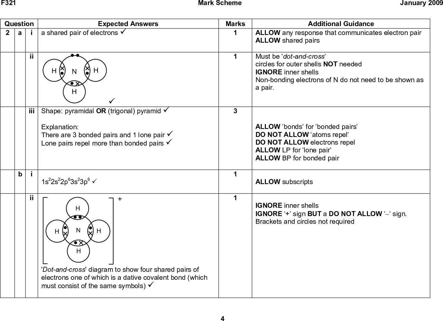 January 2009 Additional Guidance ALLOW any response that communicates electron pair ALLOW shared pairs Must be dot-and-cross circles for outer shells NOT needed IGNORE inner shells Non-bonding electrons of N do not need to be shown as a pair. ALLOW bonds for bonded pairs DO NOT ALLOW atoms repel DO NOT ALLOW electrons repel ALLOW LP for lone pair ALLOW BP for bonded pair ALLOW subscripts IGNORE inner shells IGNORE + sign BUT a DO NOT ALLOWsign. Brackets and circles not required F321 Question 2 a i a shared pair of electrons (cid:57) Expected Answers Mark Scheme Marks ii (cid:57) iii Shape: pyramidal OR (trigonal) pyramid (cid:57) Explanation: There are 3 bonded pairs and 1 lone pair (cid:57) Lone pairs repel more than bonded pairs (cid:57) 1s22s22p63s23p6 (cid:57) ii 'Dot-and-cross' diagram to show four shared pairs of electrons one of which is a dative covalent bond (which must consist of the same symbols) (cid:57)<br />
 F321 Question iii iv Expected Answers tetrahedral (cid:57) 109.5 (cid:57) ions OR electrons cannot move in a solid (cid:57) ions can move OR are mobile in solution (cid:57) i 2NH3 + H2SO4 (cid:198) (NH4)2SO4 (cid:57) ii when the H+ in an acid is replaced by a metal ion OR an ammonium ion OR a + ion (cid:57) iii accepts a proton OR accepts H+ (cid:57) iv 132.1 (cid:57) Total Mark Scheme Marks Additional Guidance ALLOW 109110 January 2009 15 ALLOW ions can move in liquid DO NOT ALLOW ions can move when molten ALLOW 1 mark for: Ions can only move in solution ALLOW 2NH4OH + H2SO4 (cid:198) (NH4)2SO4 + 2H2O ALLOW NH3 + H+ (cid:198) NH4 + ALLOW any correct multiple IGNORE state symbols ALLOW H for H+; ALLOW metal for metal ion i.e.: H in an acid can be replaced by a metal ALLOW donates a lone pair ALLOW removes H+ ALLOW forms OH ions IGNORE units NO OTHER ACCEPTABLE ANSWER<br />
