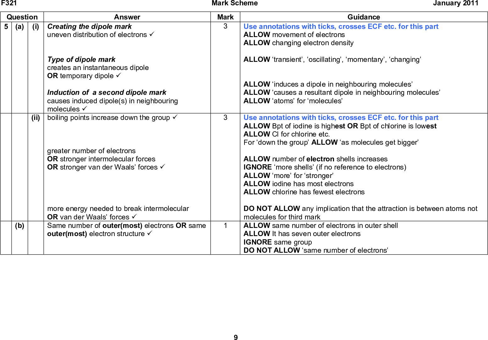 F321 Mark Scheme January 2011 Question 5 (a) (i) Creating the dipole mark Answer uneven distribution of electrons (cid:57) Type of dipole mark creates an instantaneous dipole OR temporary dipole (cid:57) Induction of a second dipole mark causes induced dipole(s) in neighbouring molecules (cid:57) (ii) boiling points increase down the group (cid:57) (b) greater number of electrons OR stronger intermolecular forces OR stronger van der Waals forces (cid:57) more energy needed to break intermolecular OR van der Waals forces (cid:57) Same number of outer(most) electrons OR same outer(most) electron structure (cid:57) Mark Guidance Use annotations with ticks, crosses ECF etc. for this part ALLOW movement of electrons ALLOW changing electron density ALLOW transient, oscillating, momentary, changing ALLOW induces a dipole in neighbouring molecules ALLOW causes a resultant dipole in neighbouring molecules ALLOW atoms for molecules Use annotations with ticks, crosses ECF etc. for this part ALLOW Bpt of iodine is highest OR Bpt of chlorine is lowest ALLOW Cl for chlorine etc. For down the group ALLOW as molecules get bigger ALLOW number of electron shells increases IGNORE more shells (if no reference to electrons) ALLOW more for stronger ALLOW iodine has most electrons ALLOW chlorine has fewest electrons DO NOT ALLOW any implication that the attraction is between atoms not molecules for third mark ALLOW same number of electrons in outer shell ALLOW It has seven outer electrons IGNORE same group DO NOT ALLOW same number of electrons<br />
 F321 Question 5 (i) (c) Mark Scheme January 2011 Answer Colours: (Add Br2 to NaCl,) (Cyclohexane layer) turns orange OR yellow (cid:57) (Add Br2 to NaI,) (Cyclohexane layer) turns purple OR lilac OR violet OR pink OR mauve (cid:57) Equation: Br2 + 2I (cid:198) I2 + 2Br (cid:57) Reactivity: Reactivity decreases down the group OR Oxidising power decreases down the group (cid:57) Explanations: Chlorine will gain electron easiest OR form negative ion easiest (cid:57) Because chlorine (atom) is smallest OR Outer(most) shell of chlorine least shielded OR Nuclear attraction on electrons of chlorine is greatest (cid:57) Mark Guidance Use annotations with ticks, crosses ECF etc. for this part ALLOW any combination of these but no others ALLOW any combination of these but no others DO NOT ALLOW precipitate with either colour DO NOT ALLOW equation mark if incorrect equation(s) also seen IGNORE Br2 + 2Cl (cid:198) Br2 + 2Cl IGNORE correct non-ionic version of equation IGNORE state symbols ALLOW Chlorine is the most reactive ALLOW Cl for chlorine etc. ALLOW Iodine is the least reactive ALLOW chlorine is best at electron capture ALLOW chlorine has greatest electron affinity IGNORE chlorine is most electronegative DO NOT ALLOW explanations in terms of displacement Quality of Written CommunicationElectron(s) OR negative spelled correctly at least ONCE for marking point 5 ALLOW Chlorine atom has fewest shells ALLOW outer(most) shell closest to the nucleus ALLOW Chlorine atom has lowest shielding ORA for marking points 4, 5 and 6 10<br />
 F321 Mark Scheme January 2011 Question 5 (c) (ii) Bromine is toxic (cid:57) Answer Mark (d) (i) 2F2 + 2H2O (cid:198) 4HF + O2 (cid:57) (ii) Oxygen has been oxidised as (oxidation number has increased from) O = 2 to O = 0 (cid:57) Fluorine has been reduced as (oxidation number has decreased from) F = 0 to F = 1 (cid:57) (1s2) 2s2 2p6 3s2 3p6 3d10 4s2 4p1 (cid:57) (e) (i) GaF3 (cid:57) (ii) Total 1 19 11 Guidance ALLOW cyclohexane is toxic ALLOW bromine irritates the lungs DO NOT ALLOW Cl2 is toxic IGNORE strong smelling IGNORE halogens are toxic ALLOW correct multiples, including use ofO2 ALLOW 4FH IGNORE state symbols IGNORE references to oxygen in any incorrect products DO NOT ALLOW O2 = 2 (cid:198) O = 0 but ALLOW F2 = 0 (cid:198) F = 1 ALLOW F is reduced from 0 to 1 regardless of product (or no product) in 5d(i) except ALLOW ECF for F = 2 if H2F is seen ALLOW one mark for O = 2 and O2 = 0 AND F2 = 0 and F = 1 if no reference OR incorrect reference to oxidation / reduction is seen Look at equation in 5d(i) for oxidation numbers if not seen in 5d(ii) IGNORE reference to electron loss / gain if correct DO NOT ALLOW incorrect reference to electron loss / gain IGNORE 1s2 twice ALLOW 4s2 before 3d10 ALLOW 3D<br />
