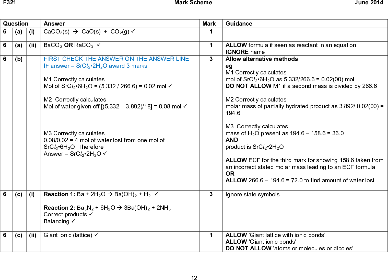 F321 Mark Scheme June 2014 Answer (i) CaCO3(s) (cid:198) CaO(s) + CO2(g) (cid:57) (a) (ii) BaCO3 OR RaCO3 (cid:57) Question 6 (a) (b) FIRST CHECK THE ANSWER ON THE ANSWER LINE IF answer = SrCl22H2O award 3 marks M1 Correctly calculates Mol of SrCl26H2O = (5.332 / 266.6) = 0.02 mol (cid:57) M2 Correctly calculates Mol of water given off [(5.3323.892)/18] = 0.08 mol (cid:57) M3 Correctly calculates 0.08/0.02 = 4 mol of water lost from one mol of SrCl26H2O Therefore Answer = SrCl22H2O (cid:57) (c) (c) (i) Reaction 1: Ba + 2H2O (cid:198) Ba(OH)2 + H2 (cid:57) Reaction 2: Ba3N2 + 6H2O (cid:198) 3Ba(OH)2 + 2NH3 Correct products (cid:57) Balancing (cid:57) (ii) Giant ionic (lattice) (cid:57) Mark Guidance ALLOW formula if seen as reactant in an equation IGNORE name Allow alternative methods eg M1 Correctly calculates mol of SrCl26H2O as 5.332/266.6 = 0.02(00) mol DO NOT ALLOW M1 if a second mass is divided by 266.6 M2 Correctly calculates molar mass of partially hydrated product as 3.892/ 0.02(00) = 194.6 M3 Correctly calculates mass of H2O present as 194.6158.6 = 36.0 AND product is SrCl22H2O ALLOW ECF for the third mark for showing 158.6 taken from an incorrect stated molar mass leading to an ECF formula OR ALLOW 266.6194.6 = 72.0 to find amount of water lost Ignore state symbols ALLOW Giant lattice with ionic bonds ALLOW Giant ionic bonds DO NOT ALLOW atoms or molecules or dipoles 12<br />
 F321 Mark Scheme June 2014 Answer OR OR OR 2+ 2+ 2+ 2+ x x x x Ba x x x x x x x x Ba x x x x x x x x Ba x x x x x x x x Ba x x x x Ox O x Ox O x Ox x Ox x 2- 2- 2- 2- Question (iii) Mark Guidance 2- ion 2 ion to have 12 electrons belonging to O atoms + 2 other Ba must have a 2+ charge Ba can be with or without octet. IGNORE lack of charge on O2 O2 electrons of another symbol. The 2 other electrons must match Ba if Ba has an octet. If O electrons are shown as 6 of one symbol and 6 of another, each O must have six electrons of the same symbol ALLOW OR 2+ 2+ x x x x Ba x x x x x x x x Ba x x x x Total 10 13 O x O x O x Ox 2- 2-<br />
