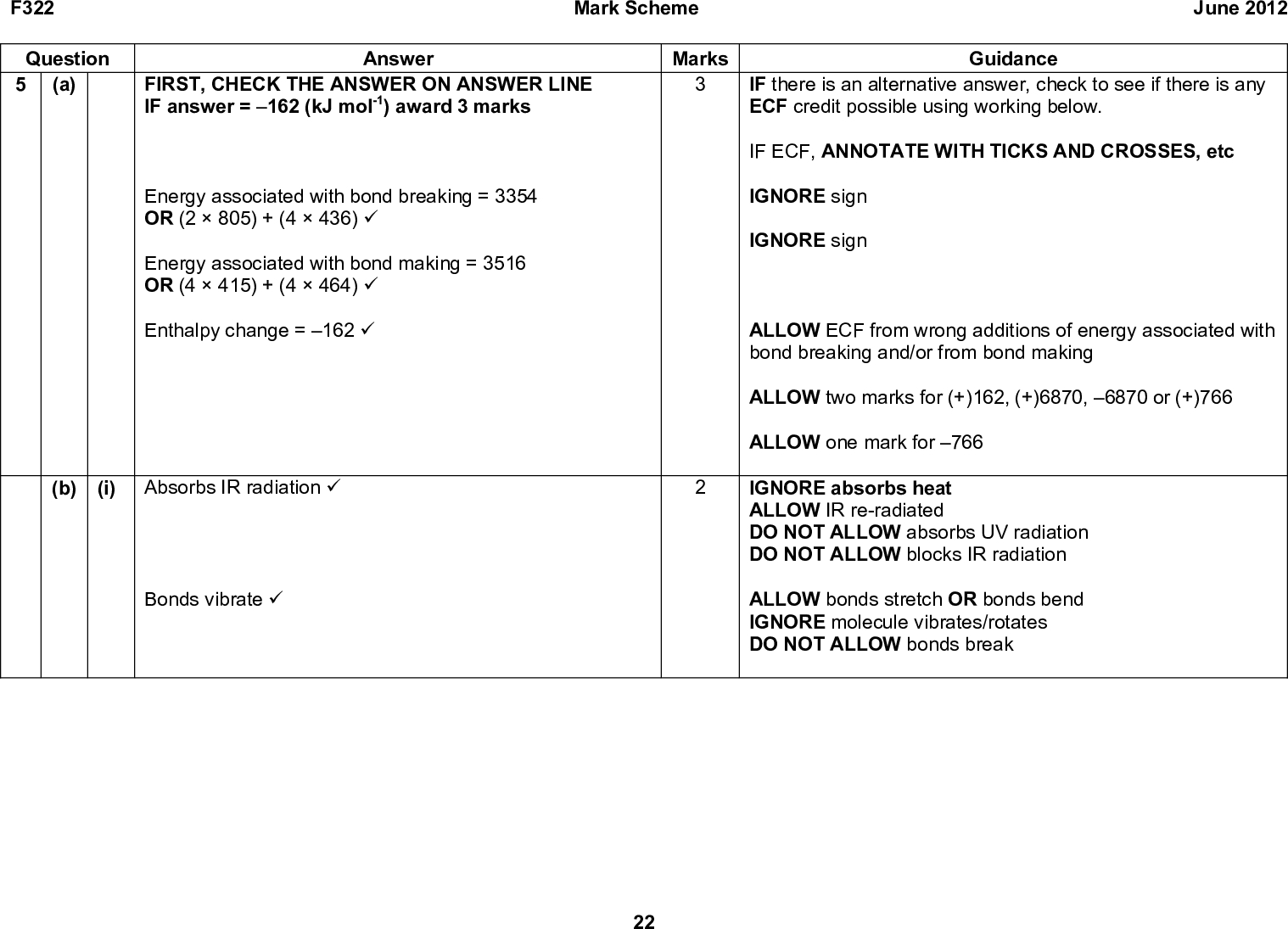 F322 Question 5 (a) Answer FIRST, CHECK THE ANSWER ON ANSWER LINE IF answer = 162 (kJ mol-1) award 3 marks Energy associated with bond breaking = 3354 OR (2805) + (4436) (cid:57) Energy associated with bond making = 3516 OR (4415) + (4464) (cid:57) Enthalpy change = 162 (cid:57) (b) (i) Absorbs IR radiation (cid:57) Bonds vibrate (cid:57) Mark Scheme June 2012 Marks Guidance IF there is an alternative answer, check to see if there is any ECF credit possible using working below. IF ECF, ANNOTATE WITH TICKS AND CROSSES, etc IGNORE sign IGNORE sign ALLOW ECF from wrong additions of energy associated with bond breaking and/or from bond making ALLOW two marks for (+)162, (+)6870, 6870 or (+)766 ALLOW one mark for 766 IGNORE absorbs heat ALLOW IR re-radiated DO NOT ALLOW absorbs UV radiation DO NOT ALLOW blocks IR radiation ALLOW bonds stretch OR bonds bend IGNORE molecule vibrates/rotates DO NOT ALLOW bonds break 22<br />
 F322 Question 5 (b) (ii) Any two from: Answer (liquid) injected deep into the oceans (cid:57) Stored in (old) geological formations OR stored underground in rocks OR stored in (old) mines OR stored in (old) oil wells (cid:57) Stored by reaction with metal oxides OR reaction to form (solid) carbonates OR stored as a carbonate OR equation to show formation of metal carbonate (cid:57) Mark Scheme June 2012 Marks Guidance DO NOT ALLOW reference to carbon being storedthe answer must either refer to carbon dioxide or not mention the name of the stored substance ALLOW store deep in the oceans OR on the sea-bed (cid:57) ALLOW stored deep under the sea DO NOT ALLOW dissolve CO2 in the sea OR stored in ocean ALLOW stored under the sea bed ALLOW pumped into oil wells to force last bit of oil out IGNORE mineral storage 23<br />
 F322 Question 5 (i) (c) Mark Scheme June 2012 Answer Homolytic (cid:57) Br2 (cid:127)(cid:111) 2Br (cid:57) Br + C2H6 (cid:127)(cid:111) HBr + C2H5 (cid:57) C2H5 + Br2 (cid:127)(cid:111) C2H5Br + Br (cid:57) Br + C2H5 (cid:127)(cid:111) C2H5Br OR Br + Br (cid:127)(cid:111) Br2 OR C2H5 + C2H5 (cid:127)(cid:111) C4H10 (cid:57) Two names of steps linked to appropriate equations (cid:57) OR three names of steps linked to appropriate equations (cid:57)(cid:57) Marks Guidance ANNOTATE ANSWER WITH TICKS AND CROSSES ETC IGNORE dot for radical and any state symbols for all equations If more than one termination step is written they must all be correct to be awarded the mark DO NOT ALLOW termination steps with H initiation step linked to correct equation propagation step linked to one equation in which there is a radical on the left and a radical on the right termination step linked to equation involving two radicals: If no equations are given to link the names of the step then award one mark for mention of all three steps If halogen other than bromine do not give equation mark for initiation and only give one mark for all three terms linked to appropriate equations If hydrocarbons other than ethane are used DO NOT ALLOW any marks for the equations in the propagation steps 24<br />
 F322 Question 5 (c) (ii) Any two from: Answer More than one CH bond can be substituted OR multi- substitution can occur OR more than one substitution can happen (cid:57) Lots of termination steps (cid:57) termination steps can give products that will also react with (bromine) radicals (cid:57) Total Mark Scheme June 2012 Marks Guidance ALLOW equations or examples of multi substitution ALLOW an equation to illustrate formation of other products eg butane ALLOW examples of other products that can be formed in termination steps eg bromobutane ALLOW examples of products eg butane reacting with bromine radicals to give bromobutane 16 25<br />
