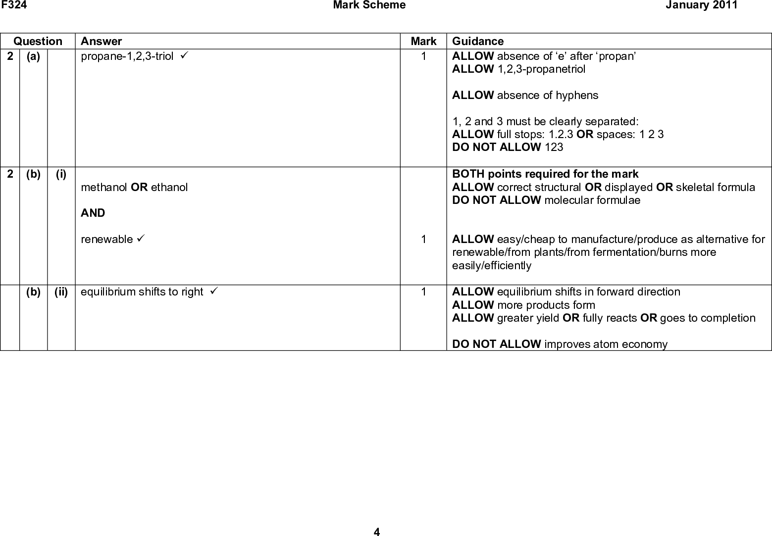 F324 Question Answer 2 (a) propane-1,2,3-triol (cid:57) Mark Scheme January 2011 Mark Guidance ALLOW absence of e after propan ALLOW 1,2,3-propanetriol ALLOW absence of hyphens 1, 2 and 3 must be clearly separated: ALLOW full stops: 1.2.3 OR spaces: 1 2 3 DO NOT ALLOW 123 BOTH points required for the mark ALLOW correct structural OR displayed OR skeletal formula DO NOT ALLOW molecular formulae ALLOW easy/cheap to manufacture/produce as alternative for renewable/from plants/from fermentation/burns more easily/efficiently ALLOW equilibrium shifts in forward direction ALLOW more products form ALLOW greater yield OR fully reacts OR goes to completion DO NOT ALLOW improves atom economy (b) (i) methanol OR ethanol AND renewable (cid:57) (b) (ii) equilibrium shifts to right (cid:57)<br />
 F324 Question Answer 2 (c) CH3CH2COOH + CH3CH2OH (cid:111) CH3CH2COOCH2CH3 + Mark Guidance Mark Scheme January 2011 H2O (cid:57) (CH3CH2CO)2O + CH3CH2OH (cid:111) CH3CH2COOH (cid:57) CH3CH2COOCH2CH3 + ALLOW correct structural OR displayed OR skeletal formula ALLOW combination of formulae as long as unambiguous DO NOT ALLOW molecular formulae ALLOW further esterification, ie (CH3CH2CO)2O + 2CH3CH2OH (cid:111) 2CH3CH2COOCH2CH3 + H2O ALLOW linear formula for anhydride, ie CH3CH2COOCOCH2CH3 If incorrect carboxylic acid/anhydride/alcohol is used, ALLOW ECF for second equation<br />
 Mark Scheme January 2011 Mark Guidance F324 Question Answer 2 (d) HO CH2 CH2 CH2 COOH OR CH3 HO CH CH2 COOH OR C2H5 HO CH COOH OR CH3 HO CH2 CH COOH OR CH3 HO COOH CH3 H2C H2C C H2 OR H2C HC OR CH C H3C C2H5 H3C O OR CH H2C OR H3C H3C CH2 CH2 CH2 C OR CH3 CH CH2 C OR C2H5 CH OR CH3 CH2 CH OR CH3 CH3 Mark A, B and C independently ie (cid:120) A can be any of the alternatives in the 1st column (cid:120) B can be any of the alternatives in the 2nd column (cid:120) C can be any of the alternatives in the 3rd column ALLOW correct structural OR displayed OR skeletal formula ALLOW combination of formulae as long as unambiguous DO NOT ALLOW molecular formulae ALLOW correct names for A, B and C For B accept diester For C, IGNORE n OR brackets (even if wrong); ALLOW solid side bonds Minimum is one correct repeat unit. Polymer must be open at both ends Total<br />
