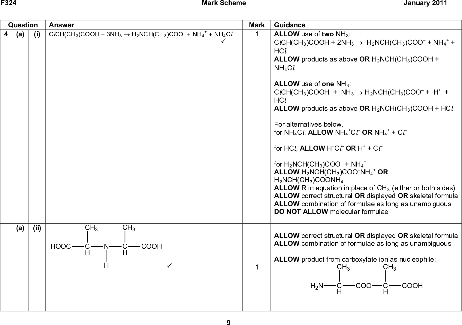F324 Question Answer 4 (a) Mark Scheme January 2011 (i) ClCH(CH3)COOH + 3NH3 (cid:111) H2NCH(CH3)COO + NH4 + + NH4Cl (cid:57) Mark Guidance + + +Cl OR NH4 ALLOW use of two NH3: ClCH(CH3)COOH + 2NH3 (cid:111) H2NCH(CH3)COO + NH4 HCl ALLOW products as above OR H2NCH(CH3)COOH + NH4Cl ALLOW use of one NH3: ClCH(CH3)COOH + NH3 (cid:111) H2NCH(CH3)COO + H+ + HCl ALLOW products as above OR H2NCH(CH3)COOH + HCl For alternatives below, for NH4Cl, ALLOW NH4 for HCl, ALLOW H+Cl OR H+ + Cl for H2NCH(CH3)COO + NH4 + ALLOW H2NCH(CH3)COONH4 H2NCH(CH3)COONH4 ALLOW R in equation in place of CH3 (either or both sides) ALLOW correct structural OR displayed OR skeletal formul a ALLOW combination of formulae as lo ng as unambiguous DO NOT ALLOW molecular formulae ALLOW correct structural OR displayed OR skeletal formul ALLOW combination of formulae as long as unambiguous ALLOW product from carboxylate ion as nucleophile: + + Cl + OR CH3 CH3 H2N C H COO C H COOH (a) (ii) CH3 C H CH3 C H COOH (cid:57) HOOC<br />
 F324 Mark Scheme January 2011 Question Answer 4 (b) (i) (b) (ii) OH CH2COOH OR HO (cid:57) COOH H2N HOOC O CH2COOH (cid:57) (cid:57) NH2 1 2 Mark Guidance DO NOT ALLOW any structure containing C OR H (except in OH) ALL bond linkages must be correct, eg the chiral C must be linked to the C of the COOH, the C of the CH2COOH and the N of the NH2 (connectivity is being tested) The 2nd mark is for the mirror image of an amino acid. This could be any amino acid EXCEPT glycine DO NOT penalise connectivity more than once ALLOW R in equation in place of CH2COOH (either or both sides) Each structure must have four central bonds, with at least two wedges, one in; one out For bond into paper, accept: ANNOTATIONS MUST BE USED ALLOW optical isomer OR enantiomers as alternative for stereoisomers ALLOW a response that implies an increased dose ALLOW biological catalyst ALLOW 'chiral pool' OR L-amino acids OR D-sugars (c) Disadvantages Any two from: (one stereoisomer might have harmful) side effects(cid:57) reduces the (pharmacological) activity/effectiveness (cid:57) (cid:120) (cid:120) (cid:120) cost OR difficulty in separating stereoisomers (cid:57) 2 max Synthesis of a single optical isomer Any two from: (cid:120) using enzymes or bacteria (cid:57) (cid:120) using a chiral catalyst (cid:120) using chiral synthesis OR chiral starting material OR natural amino acid (cid:57) OR transition metal complex/transition metal catalyst (cid:57) 2 max Total 10<br />
