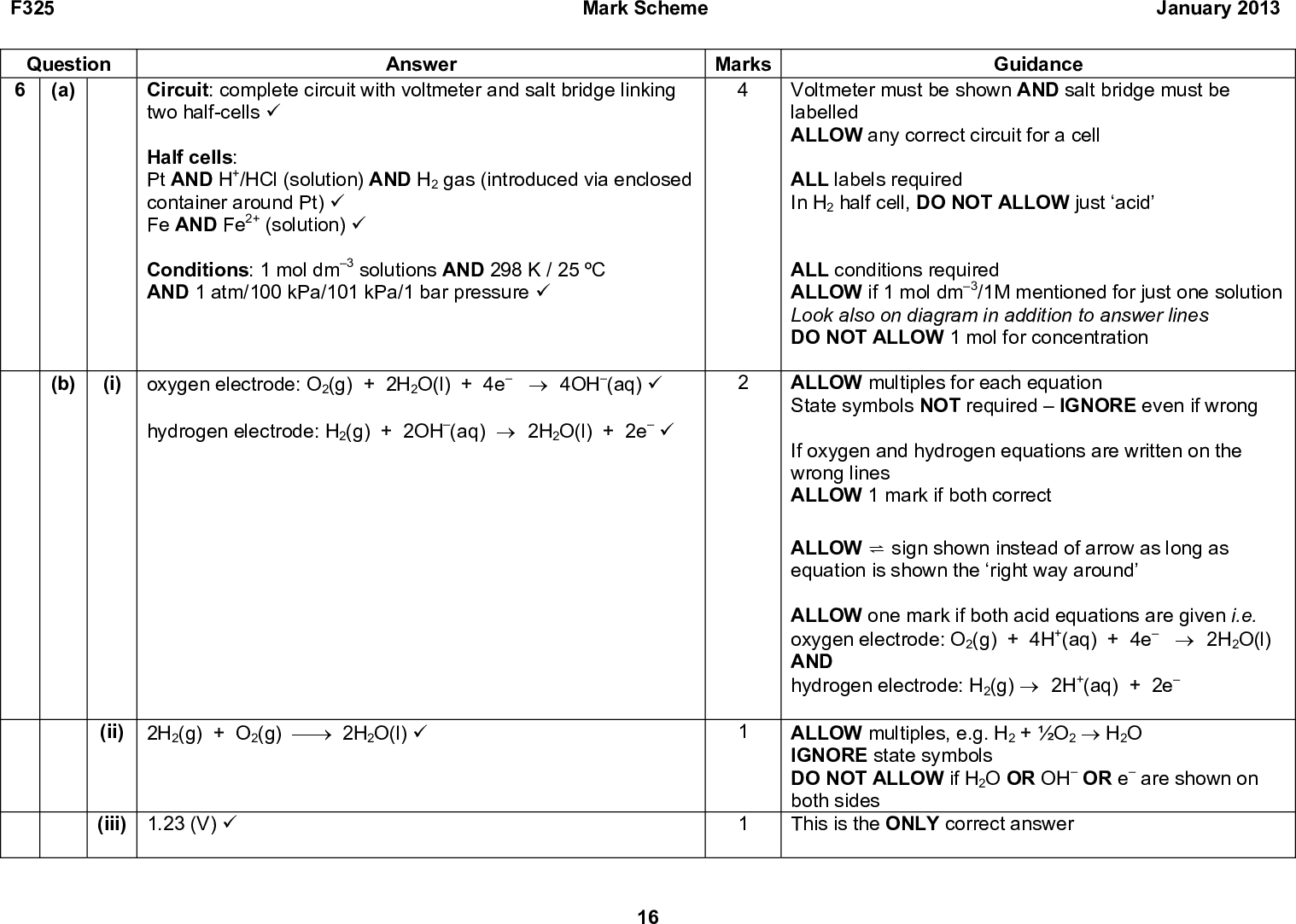 F325 Question 6 (a) Marks Answer Circuit: complete circuit with voltmeter and salt bridge linking two half-cells (cid:57) Half cells: Pt AND H+/HCl (solution) AND H2 gas (introduced via enclosed container around Pt) (cid:57) Fe AND Fe2+ (solution) (cid:57) Conditions: 1 mol dm3 solutions AND 298 K / 25 C AND 1 atm/100 kPa/101 kPa/1 bar pressure (cid:57) (b) (i) oxygen electrode: O2(g) + 2H2O(l) + 4e (cid:111) 4OH(aq) (cid:57) hydrogen electrode: H2(g) + 2OH(aq) (cid:111) 2H2O(l) + 2e (cid:57) (ii) 2H2(g) + O2(g) (cid:127)(cid:111) 2H2O(l) (cid:57) (iii) 1.23 (V) (cid:57) 16 Mark Scheme January 2013 Guidance Voltmeter must be shown AND salt bridge must be labelled ALLOW any correct circuit for a cell ALL labels required In H2 half cell, DO NOT ALLOW just acid ALL conditions required ALLOW if 1 mol dm3/1M mentioned for just one solution Look also on diagram in addition to answer lines DO NOT ALLOW 1 mol for concentration ALLOW multiples for each equation State symbols NOT requiredIGNORE even if wrong If oxygen and hydrogen equations are written on the wrong lines ALLOW 1 mark if both correct ALLOWsign shown instead of arrow as long as equation is shown the right way around ALLOW one mark if both acid equations are given i.e. oxygen electrode: O2(g) + 4H+(aq) + 4e (cid:111) 2H2O(l) AND hydrogen electrode: H2(g) (cid:111) 2H+(aq) + 2e ALLOW multiples, e.g. H2 + O2 (cid:111) H2O IGNORE state symbols DO NOT ALLOW if H2O OR OH OR e are shown on both sides This is the ONLY correct answer<br />
 F325 Mark Scheme January 2013 Question (c) A fuel cell reacts a fuel/H2 with oxygen to produce a voltage/electrical energy (cid:57) Answer Marks (d) (e) Fossil fuels used to make hydrogen OR fossil fuels required to make fuel cell (cid:57) Correctly calculates amount of Cr = 1.456/52.0 = 0.028(0) (cid:57) NOTE: The remaining marks are ONLY available if a 3:2 molar ratio has been used 3 mol X reacts with 2 mol Cr3+ OR 3 mol X (cid:127)(cid:111) 2 mol Cr (cid:57) Correctly calculates amount of X = amount of Cr x 1.5 = 0.028(0) x 1.5 = 0.042(0) (cid:57) Correctly calculates Molar mass/Ar of X = 1.021/0.042(0) = 24.3 (g mol1) AND X identified as Mg (cid:57) Total 14 17 Guidance ALLOW a fuel cell requires constant supply of a fuel/H2 (and oxygen)/reactants OR operates continuously as long as a fuel/H2 (and oxygen) are added DO NOT ALLOW storage cells can be recharged (Not all storage cells can be recharged) Response requires link between fossil fuels / carbon- containing compounds and manufacture of the fuels cell or H2 i.e. energy required to make H2 is not sufficient FULL ANNOTATIONS MUST BE USED --------------------------------------------------------------------------- ALLOW equation: 2Cr3+ + 3X (cid:127)(cid:111) 3X2+ + 2Cr Note: 3rd marking point subsumes the 2nd marking point ALLOW magnesium OR Mg2+ Mg with no evidence of how 24.3 had been calculated does not score this mark ALLOW ECF from incorrect amount of Cr for 2nd, 3rd and 4th marks -------------------------------- Common error 3:2 ratio inverted between 2nd and 3rd marks: 3 marks: 3rd mark ECF: 0.028(0)1.5 = 0.0187 (mol) (cid:57) Molar mass of X = 54.7 (g mol1) AND X = Mn (cid:57)<br />
