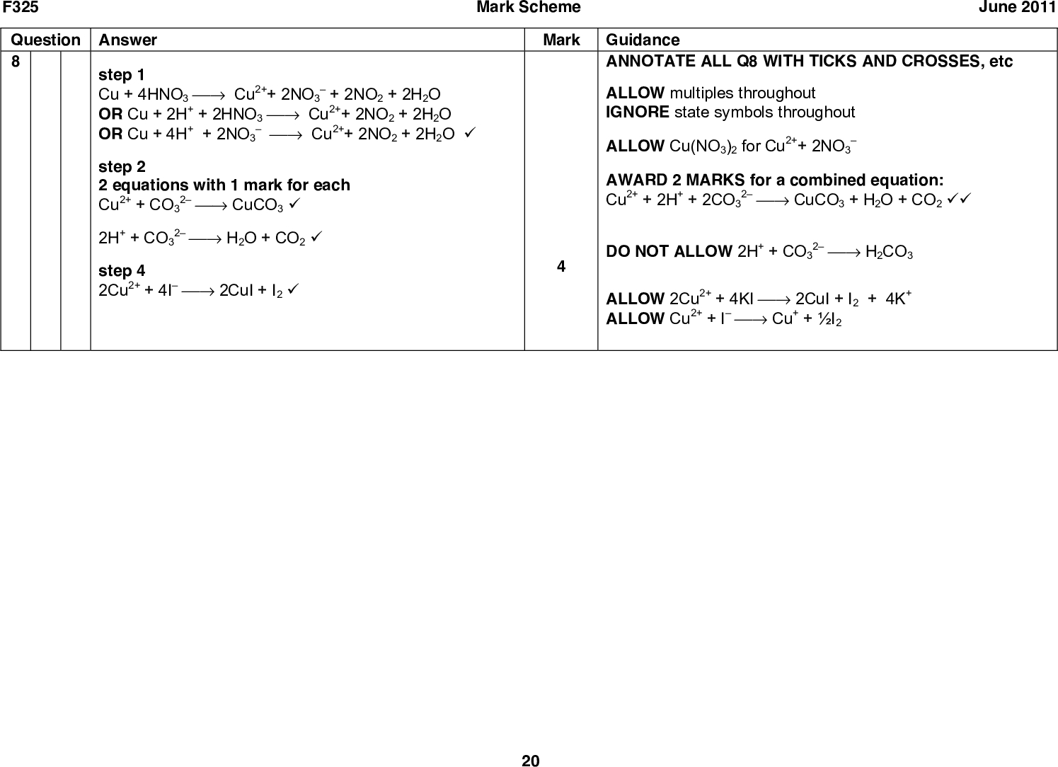 F325 Question Answer 8 step 1 Cu + 4HNO3Cu2++ 2NO3+ 2NO2 + 2H2O OR Cu + 2H+ + 2HNO3Cu2++ 2NO2 + 2H2O OR Cu + 4H+ + 2NO3 step 2 2 equations with 1 mark for each Cu2+ + CO3 2H+ + CO3 step 4 2Cu2+ + 4I2CuI + I2 (cid:57) 2CuCO3 (cid:57) 2H2O + CO2 (cid:57)Cu2++ 2NO2 + 2H2O (cid:57) Mark Scheme June 2011 Mark Guidance ANNOTATE ALL Q8 WITH TICKS AND CROSSES, etc ALLOW multiples throughout IGNORE state symbols throughout ALLOW Cu(NO3)2 for Cu2++ 2NO3AWARD 2 MARKS for a combined equation: Cu2+ + 2H+ + 2CO3 DO NOT ALLOW 2H+ + CO3 ALLOW 2Cu2+ + 4KI2CuI + I2 + 4K+ ALLOW Cu2+ + ICu+ + I2 2CuCO3 + H2O + CO2 (cid:57)(cid:57) 2H2CO3 20<br />
 F325 Question Answer 8 FIRST, CHECK THE ANSWER ON ANSWER LINE Mark Guidance = 2.98 x 103 mol (cid:57) 2 used = 0.100 x 29.8 1000 IF answer = 67.6%, award 5 marks. Ignore any attempted equation in step 4 IF answer = 33.8% AND IF Cu2+/I2 in step 4 equation shown with 1:1 molar ratio, award 5 marks for ECF -------------------------------------------------------------------- amount S2O3 amount I2 = 1.49 x 103 mol OR amount Cu2+ = 2.98 x 103 mol (cid:57) amount Cu2+ in original 250 cm3 = 10 x 2.98 x 103 = 2.98 x 102 mol (cid:57) Mass of Cu/Cu2+ in brass = 63.5 x 2.98 x 102 g = 1.8923 g (cid:57) percentage Cu in brass = 1.8923 2.80 = 67.6% (cid:57) MUST be to one decimal place (in the question)100 Mark Scheme June 2011 IF there is an alternative answer, check to see if there is any ECF credit possible using working below ----------------------------------------------------------- Working must be to 3 SF throughout until final % mark BUT ignore trailing zeroes, ie for 0.490 allow 0.49 ECF answer above ECF 10 x answer above ECF 63.5 x answer above ALLOW 1.88 g ECF answer above Answer must be to one decimal place ALLOW % Cu = 67.5 % IF mass of Cu has been rounded to 1.89 g in previous step Common ECFs: 6.76% x10 missing 2 d.p. 33.8% IF Cu2+/I2 in step 4 equation with 2:1 ratio OR not attempted, response, 4/5 marks for calculation (moles Cu2+ incorrect) 3/5 marks for calculation MS states 1 d.p. 100 2.80 Total 21<br />
