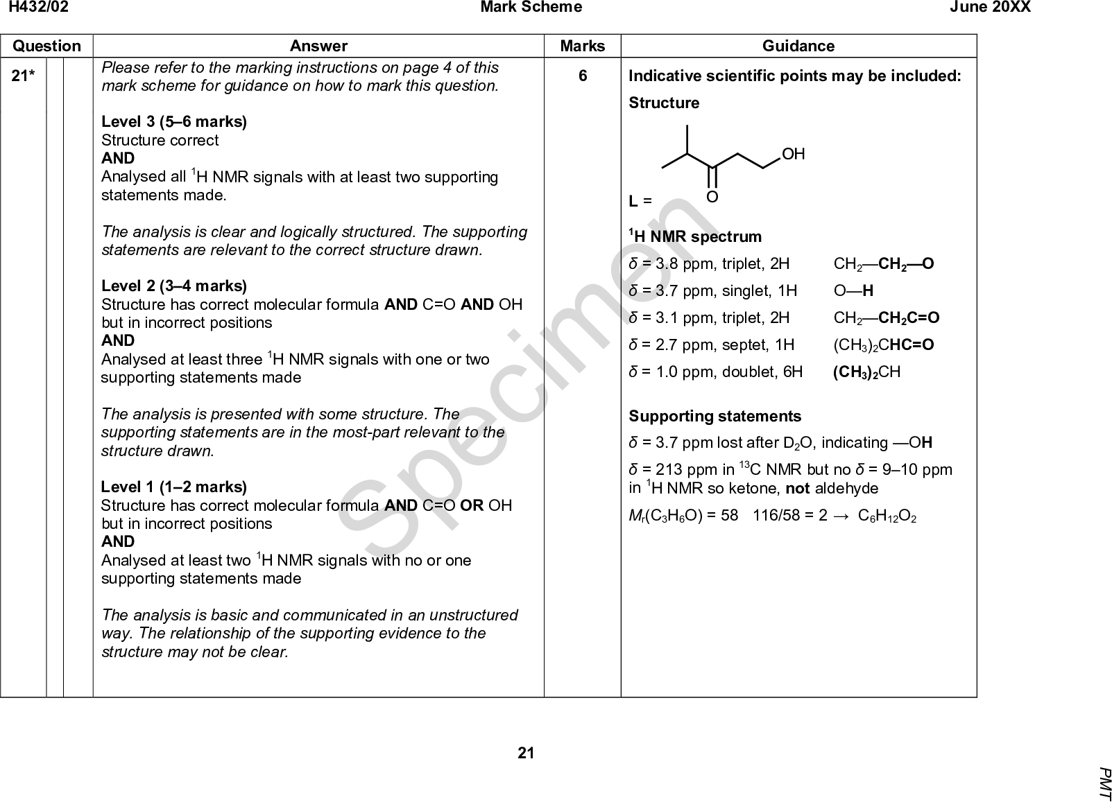 H432/02 Question 21* Mark Scheme June 20XX Guidance Indicative scientific points may be included: Structure Marks Answer L = Please refer to the marking instructions on page 4 of this mark scheme for guidance on how to mark this question. Level 3 (56 marks) Structure correct AND Analysed all 1H NMR signals with at least two supporting statements made. The analysis is clear and logically structured. The supporting statements are relevant to the correct structure drawn. Level 2 (34 marks) Structure has correct molecular formula AND C=O AND OH but in incorrect positions AND Analysed at least three 1H NMR signals with one or two supporting statements made The analysis is presented with some structure. The supporting statements are in the most-part relevant to the structure drawn. Level 1 (12 marks) Structure has correct molecular formula AND C=O OR OH but in incorrect positions AND Analysed at least two 1H NMR signals with no or one supporting statements made The analysis is basic and communicated in an unstructured way. The relationship of the supporting evidence to the structure may not be clear. Specimen 1H NMR spectrum= 3.8 ppm, triplet, 2H= 3.7 ppm, singlet, 1H= 3.1 ppm, triplet, 2H= 2.7 ppm, septet, 1H= 1.0 ppm, doublet, 6H CH2CH2O OH CH2CH2C=O (CH3)2CHC=O (CH3)2CH Supporting statements= 3.7 ppm lost after D2O, indicating OH= 213 ppm in 13C NMR but no= 910 ppm in 1H NMR so ketone, not aldehyde Mr(C3H6O) = 58 116/58 = 2C6H12O2 21 P M T<br />
 H432/02 Question 0 marks No response or no response worthy of credit. Answer Mark Scheme June 20XX Marks Guidance Total Specimen 22 P M T<br />
