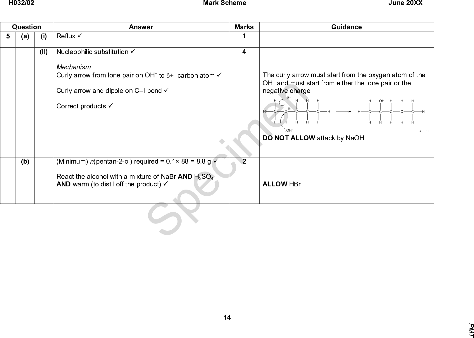 H032/02 Question (a) (i) Reflux (cid:57) (ii) Nucleophilic substitution (cid:57) Mark Scheme June 20XX Answer Marks Guidance Mechanism Curly arrow from lone pair on OH to (cid:71)+ carbon atom (cid:57) Curly arrow and dipole on CI bond (cid:57) Correct products (cid:57) The curly arrow must start from the oxygen atom of the OH and must start from either the lone pair or the negative charge (b) (Minimum) n(pentan-2-ol) required = 0.1 88 = 8.8 g (cid:57) React the alcohol with a mixture of NaBr AND H2SO4 AND warm (to distil off the product) (cid:57) DO NOT ALLOW attack by NaOH ALLOW HBr Specimen 14 P M T<br />
 H032/02 Question (c)* Mark Scheme June 20XX Marks Guidance Indicative scientific points may include: Answer Please refer to the marking instructions on page 4 of this mark scheme for guidance on how to mark this question. Level 3 (56 marks) Applies knowledge of elimination reactions to provide the correct names and structures of all three alkenes AND Full, detailed explanation of formation of both types of isomers linked to the reaction, with clear understanding of both types of isomerism The explanations show a well-developed line of reasoning which is clear and logically structured. The information presented is relevant to the compounds drawn/named. Level 2 (34 marks) Applies knowledge of elimination reactions to provide the correct name and structure for pent-1-ene AND Correct structures of stereoisomers of pent-2-ene but full names missing or incorrect AND Explanation of formation of at least one type of isomers in some detail. The explanations show a line of reasoning presented with some structure. The information presented is in the most-part relevant to the compounds drawn/named. Level 1 (12 marks) Applies knowledge of elimination reactions to name and draw the structures of organic products. Either name OR Specimenthe elimination can produce a double bond in either the 1- or the 2- position (through combination of the hydroxyl group with a hydrogen from either the 1st or the 3rd carbon)this leads to the formation of structural isomers (pent-1-ene and pent-2-ene)pent-2-ene exhibits stereoisomerism / E/Z isomerism / cistrans isomerism because it has two different groups attached to each carbon atomthere are two possible isomers of pent-2-ene and three in total Names and structures of alkenes pent-1-ene Z or cis-pent-2-ene E or trans-pent-2-ene 15 P M T<br />
 H032/02 Question Mark Scheme June 20XX Answer Marks Guidance structure should be correct for two compounds. AND Attempts to explain formation of one type of isomer. The information about isomerism is basic and communicated in an unstructured way. The relationship to the compounds drawn/named may not be clear. 0 marks No response or no response worthy of credit. Specimen Total 13 16 P M T<br />
