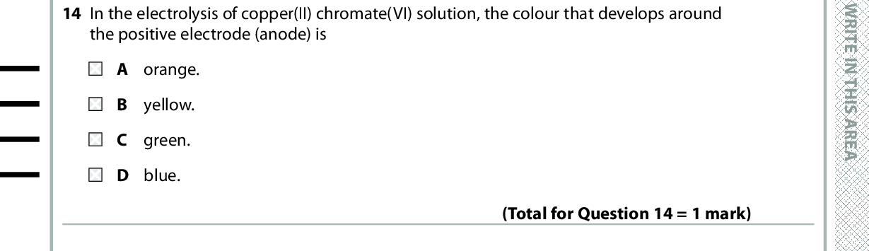 13 The following statements give information about the thermodynamic stability of magnesium chlorides. (cid:404) MgCl is stable with respect to chlorine and magnesium. (cid:404) MgCl is unstable with respect to MgCl2 and Mg. (cid:404) MgCl3 is unstable with respect to chlorine and magnesium. Which signs of the standard enthalpy changes of formation of MgCl and MgCl3 are correct? (cid:507)H f (cid:57) [MgCl(s)] negative positive negative positive (cid:507)H f (cid:57) [MgCl3(s)] negative negative positive positive 14 In the electrolysis of copper(II) chromate(VI) solution, the colour that develops around the positive electrode (anode) is (Total for Question 13 = 1 mark) A orange. B yellow. C green. D blue. 15 When 10 cm3 of a nitric acid solution reacts with 20 cm3 of a sodium hydroxide solution, the temperature rise is (cid:507)T. (Total for Question 14 = 1 mark) Repeating the reaction with 15 cm3 of the same nitric acid solution and 30 cm3 of the same sodium hydroxide solution would give a temperature rise of A 0.5 (cid:507)T B 0.67 (cid:507)T C (cid:507)T D 1.5 (cid:507)T (Total for Question 15 = 1 mark) *P48367A0624* D O N O T W R I T E I N T H I S A R E A D O N O T W R I T E I N T H I S A R E A D O N O T W R I T E I N T H I S A R E A<br />
