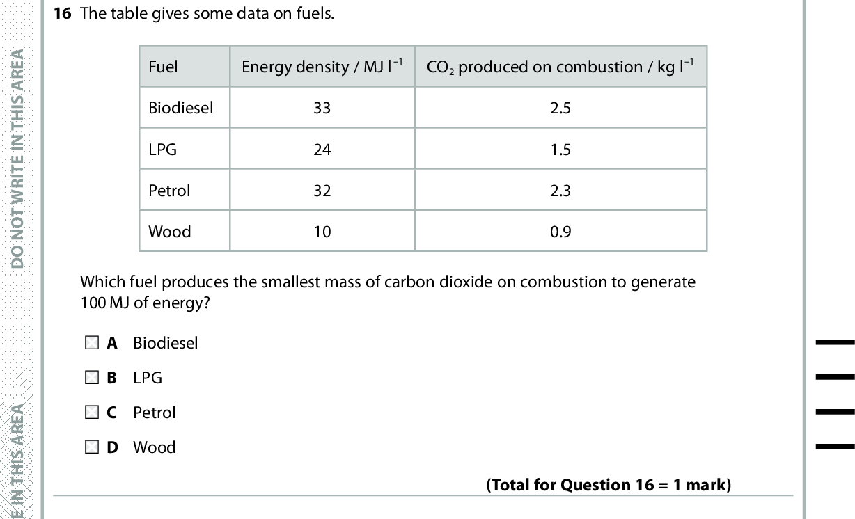 16 The table gives some data on fuels. Fuel Energy density / MJ l1 CO2 produced on combustion / kg l1 Biodiesel LPG Petrol Wood 33 24 32 10 2.5 1.5 2.3 0.9 Which fuel produces the smallest mass of carbon dioxide on combustion to generate 100 MJ of energy? A Biodiesel B LPG C Petrol D Wood 17 Which combustion of ethanol produces no change in the volume of gas present at room temperature? (Total for Question 16 = 1 mark) A C2H5OH(l) + 3O2(g) (cid:111) 2CO2(g) + 3H2O(l) B C2H5OH(l) + O2(g) (cid:111) 2C(s) + 3H2O(l) C C2H5OH(l) + 2O2(g) (cid:111) 2CO(g) + 3H2O(l) D C2H5OH(l) + 1O2(g) (cid:111) CO(g) + C(s) + 3H2O(l) (Total for Question 17 = 1 mark) TOTAL FOR SECTION A = 20 MARKS A E R A S I H T N I E T I R W T O N O D A E R A S I H T N I E T I R W T O N O D A E R A S I H T N I E T I R W T O N O D *P48368A0924* Turn over<br />
