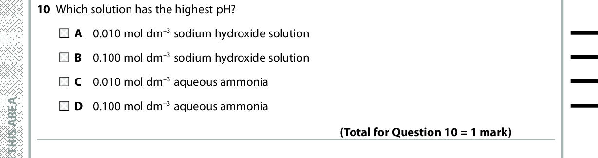 8 Silver oxide decomposes on heating. What is the expression for the equilibrium constant, Kp, for this reaction? Ag2O(s) (cid:111) 2Ag(s) + O2(g) 2p p ( Ag) ( O ) 2 p ( Ag O) p ( Ag O) 22 p p ( Ag) ( O ) 2 p=( O ) 2 1p ( O ) 2 (Total for Question 8 = 1 mark) 9 The dissociation of methanoic acid in aqueous solution is endothermic. When a sample of aqueous methanoic acid is warmed the pH will decrease. the pH does not change. the concentration of undissociated HCOOH will increase. D the concentration of methanoate ions will decrease. (Total for Question 9 = 1 mark) 10 Which solution has the highest pH? A 0.010 mol dm 3 sodium hydroxide solution B 0.100 mol dm 3 sodium hydroxide solution C 0.010 mol dm 3 aqueous ammonia D 0.100 mol dm 3 aqueous ammonia (Total for Question 10 = 1 mark) 11 An indicator with a pH range 3.8 to 5.4 is suitable for the titration of A nitric acid with ammonia. B ethanoic acid with sodium hydroxide. C ethanoic acid with ammonia. D sodium thiosulfate with iodine. A E R A S I H T N I E T I R W T O N O D A E R A S I H T N I E T I R W T O N O D A E R A S I H T N I E T I R W T O N O D *P48372RA0528* Turn over (Total for Question 11 = 1 mark)<br />
