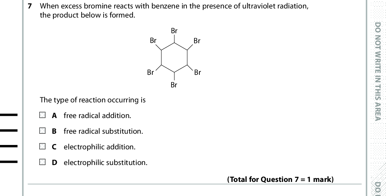 7 When excess bromine reacts with benzene in the presence of ultraviolet radiation, the product below is formed. Br Br Br Br Br Br The type of reaction occurring is free radical addition. free radical substitution. C electrophilic addition. D electrophilic substitution. 8 Phenol, C6H5OH, has a Ka value of 1.28 (cid:117) 1010 mol dm3. What is the pH of a 0.10 mol dm3 solution of phenol? (Total for Question 7 = 1 mark) A 4.94 B 5.45 9.89 D 10.89 (Total for Question 8 = 1 mark) 9 Phenylamine, C6H5NH2, is a weak base. C6H5NH2(aq) + H2O(l) (cid:85) C6H5NH3 +(aq) + OH(aq) The equilibrium constant for this reaction is 5.0 (cid:117) 1010 mol dm3. What is the concentration of OH ions, in mol dm3, in a 0.10 mol dm3 solution of phenylamine? A 2.2 (cid:117) 105 B 7.1 (cid:117) 106 C 5.0 (cid:117) 1010 D 5.0 (cid:117) 1011 (Total for Question 9 = 1 mark) *P48373A0432* D O N O T W R I T E I N T H I S A R E A D O N O T W R I T E I N T H I S A R E A D O N O T W R I T E I N T H I S A R E A<br />
