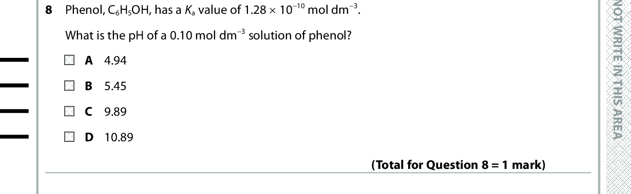 7 When excess bromine reacts with benzene in the presence of ultraviolet radiation, the product below is formed. Br Br Br Br Br Br The type of reaction occurring is free radical addition. free radical substitution. C electrophilic addition. D electrophilic substitution. 8 Phenol, C6H5OH, has a Ka value of 1.28 (cid:117) 1010 mol dm3. What is the pH of a 0.10 mol dm3 solution of phenol? (Total for Question 7 = 1 mark) A 4.94 B 5.45 9.89 D 10.89 (Total for Question 8 = 1 mark) 9 Phenylamine, C6H5NH2, is a weak base. C6H5NH2(aq) + H2O(l) (cid:85) C6H5NH3 +(aq) + OH(aq) The equilibrium constant for this reaction is 5.0 (cid:117) 1010 mol dm3. What is the concentration of OH ions, in mol dm3, in a 0.10 mol dm3 solution of phenylamine? A 2.2 (cid:117) 105 B 7.1 (cid:117) 106 C 5.0 (cid:117) 1010 D 5.0 (cid:117) 1011 (Total for Question 9 = 1 mark) *P48373A0432* D O N O T W R I T E I N T H I S A R E A D O N O T W R I T E I N T H I S A R E A D O N O T W R I T E I N T H I S A R E A<br />
