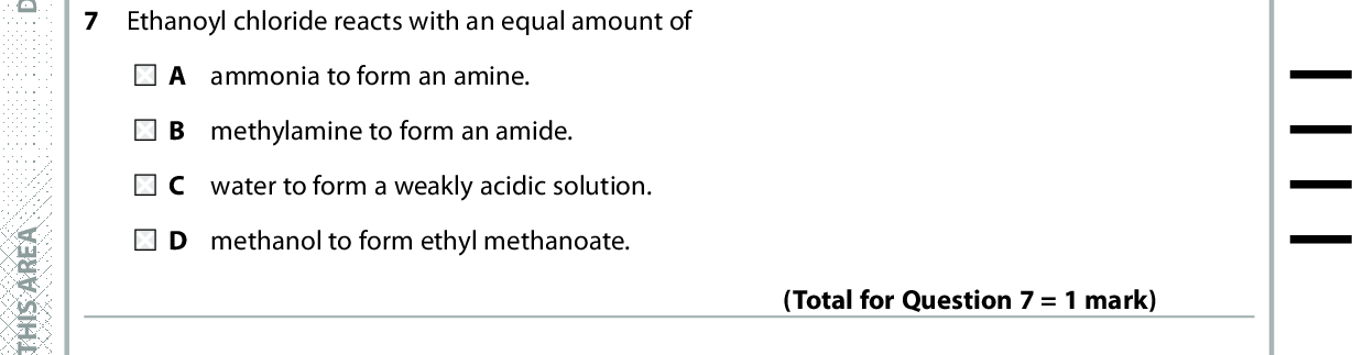 6 The dissociation constant for water, Kw, increases with increasing temperature. Which of these statements about the effect of increasing temperature is correct? A Water becomes acidic. B Water becomes alkaline. C The pH of water decreases. In water, [H 3O+(aq)] increases and [OH(aq)] decreases. (Total for Question 6 = 1 mark) 7 Ethanoyl chloride reacts with an equal amount of A ammonia to form an amine. B methylamine to form an amide. C water to form a weakly acidic solution. D methanol to form ethyl methanoate. (Total for Question 7 = 1 mark) 8 When an optically active isomer of 2-chlorobutane reacts with hydroxide ions to form butan-2-ol by an SN1 mechanism, the product is not optically active. C2H5CHClCH3 + OH (cid:111) C2H5CH(OH)CH3 + Cl What is the best explanation for this? A 2-chlorobutane contains a chiral carbon atom. B The reaction is a nucleophilic substitution. C 2-chlorobutane forms a transition state containing a chiral carbon at the reaction site. D 2-chlorobutane forms a carbocation which is planar about the positively charged carbon. (Total for Question 8 = 1 mark) 9 Which reaction has an enthalpy change equal to the enthalpy change of solution of potassium chloride? A 1 mol KCl(s) + 2 mol of H 2O(l) (cid:111) K+(aq) + Cl(aq) B 1 mol KCl(s) + excess H 2O(l) (cid:111) K+(aq) + Cl(aq) C 1 mol KCl(g) + 2 mol of H 2O(l) (cid:111) K+(aq) + Cl(aq) D 1 mol KCl(g) + excess H 2O(l) (cid:111) K+(aq) + Cl(aq) (Total for Question 9 = 1 mark) A E R A S I H T N I E T I R W T O N O D A E R A S I H T N I E T I R W T O N O D A E R A S I H T N I E T I R W T O N O D *P48385A0528* Turn over<br />
