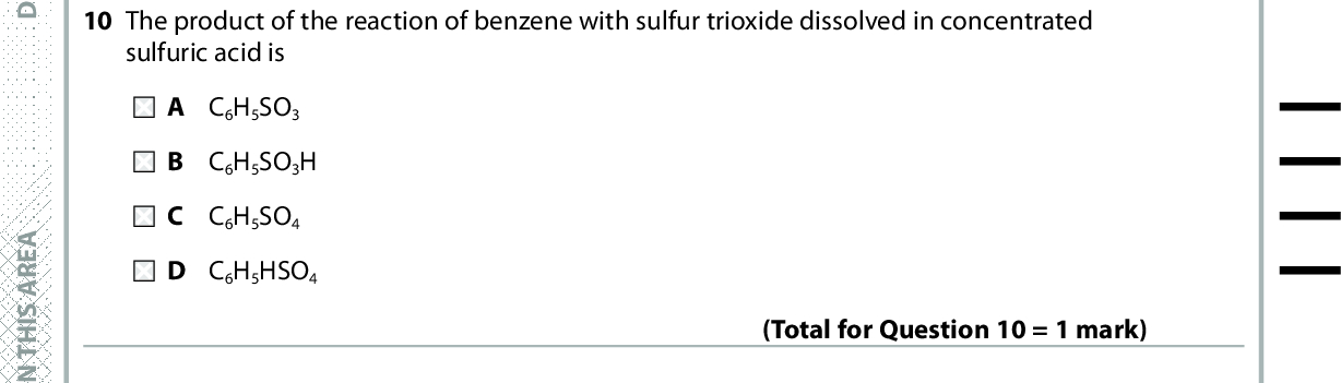 provided by A X-ray diffraction. 9 Evidence that the carbon-carbon bonds in benzene are all the same length is infrared spectroscopy. C a comparison of the enthalpy changes for the addition of hydrogen to benzene and the theoretical compound cyclohexa-1,3,5-triene. D a comparison of the rates of reaction of benzene and alkenes with bromine. 10 The product of the reaction of benzene with sulfur trioxide dissolved in concentrated sulfuric acid is (Total for Question 9 = 1 mark) A C B C C C D C 6H5SO3 6H5SO3H 6H5SO4 6H5HSO4 11 Benzene reacts with ethanoyl chloride in the presence of aluminium chloride. The equation for the reaction of ethanoyl chloride with aluminium chloride is (Total for Question 10 = 1 mark) A CH 3COCl + AlCl3 (cid:111) [CH3CO] + AlCl4 + B CH 3COCl + AlCl3 (cid:111) [CH3CO]+ + AlCl4C CH 3COOCl + AlCl3 (cid:111) [CH3COO] + AlCl4 + D CH 3COOCl + AlCl3 (cid:111) [CH3COO]+ + AlCl412 In the high resolution proton nmr spectrum of butanone, C2H5COCH3, there will be (Total for Question 11 = 1 mark) A one doublet and two triplets. B one quartet and one sextet. C one singlet, one triplet and one quartet. D one singlet, one doublet and one triplet. (Total for Question 12 = 1 mark) A E R A S I H T N I E T I R W T O N O D A E R A S I H T N I E T I R W T O N O D A E R A S I H T N I E T I R W T O N O D *P48070A0528* Turn over<br />
